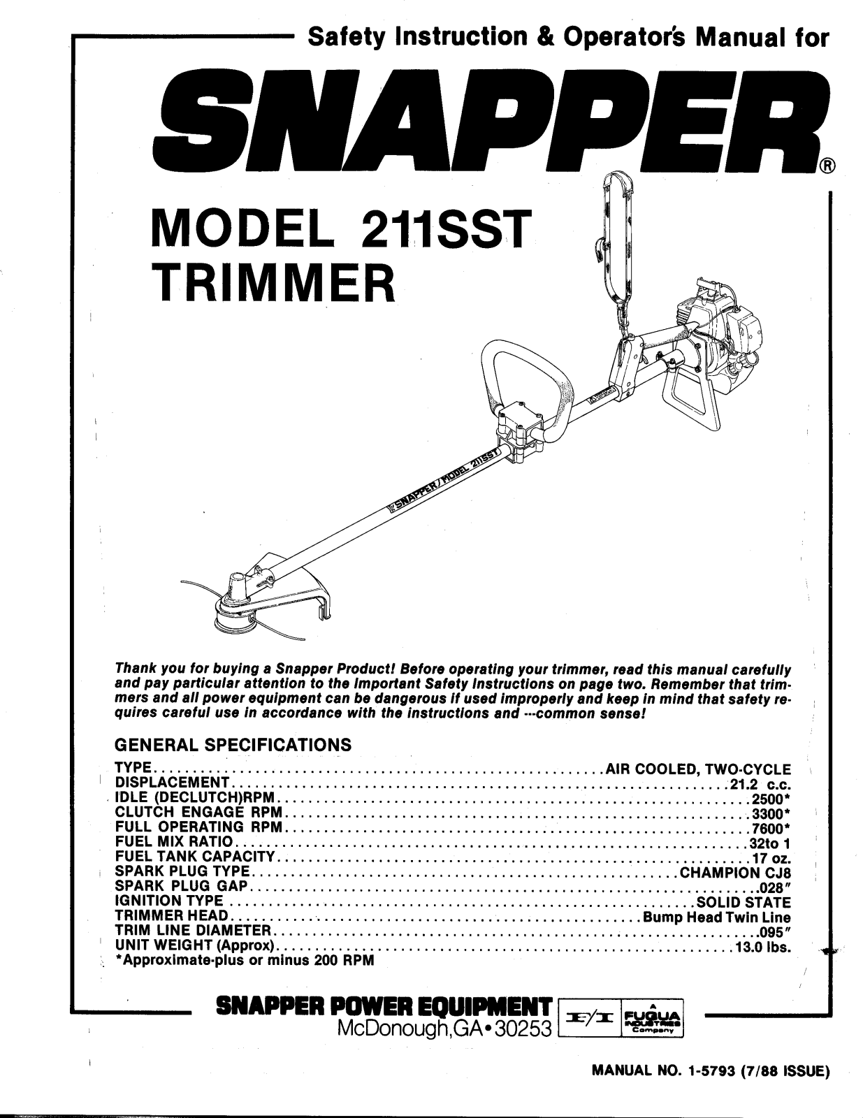 Snapper 211SST User Manual