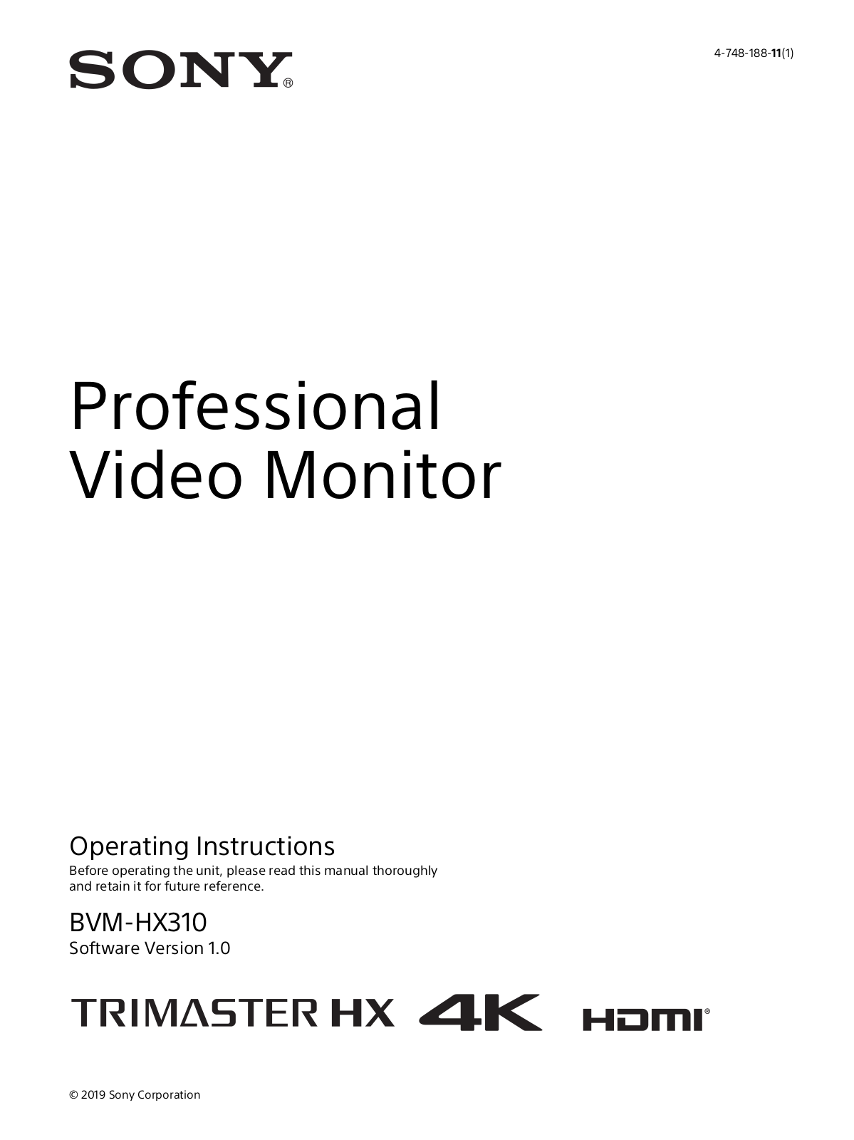 Sony TRIMASTER HX BVM-HX310 Operating Instructions Manual