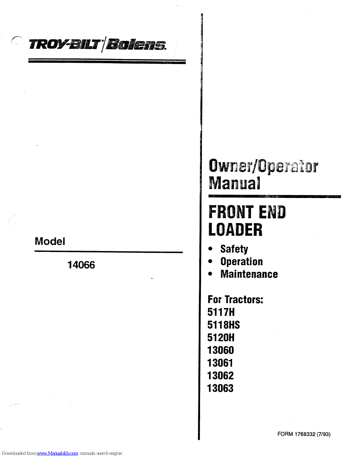 Troy-Bilt Bolens 14066 Owner's/operator's Manual