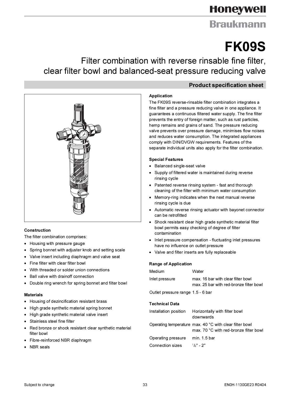 Honeywell FK09S Product specification sheet