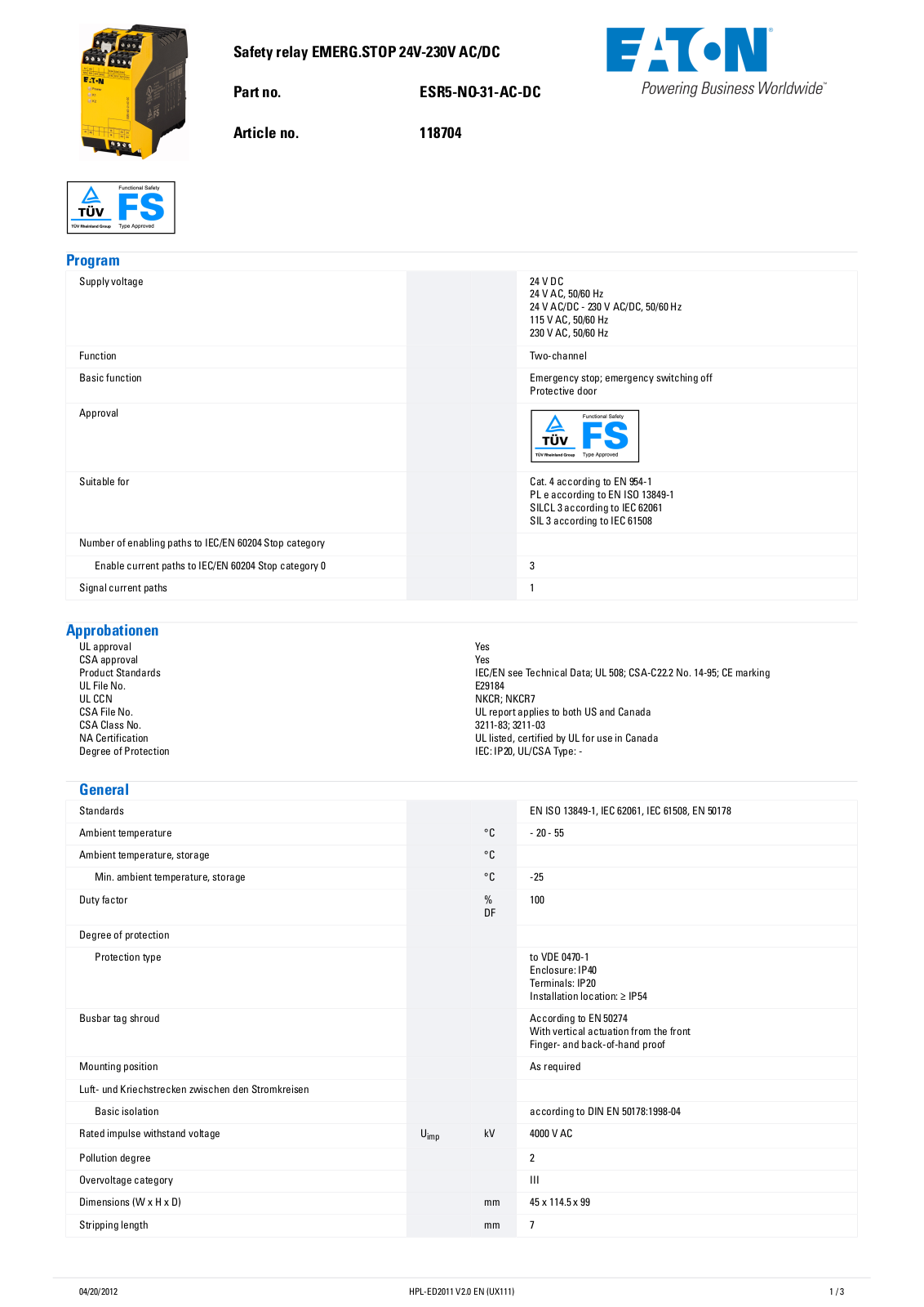 Cutler Hammer, Div of Eaton Corp ESR5-NO-31-AC-DC Data Sheet