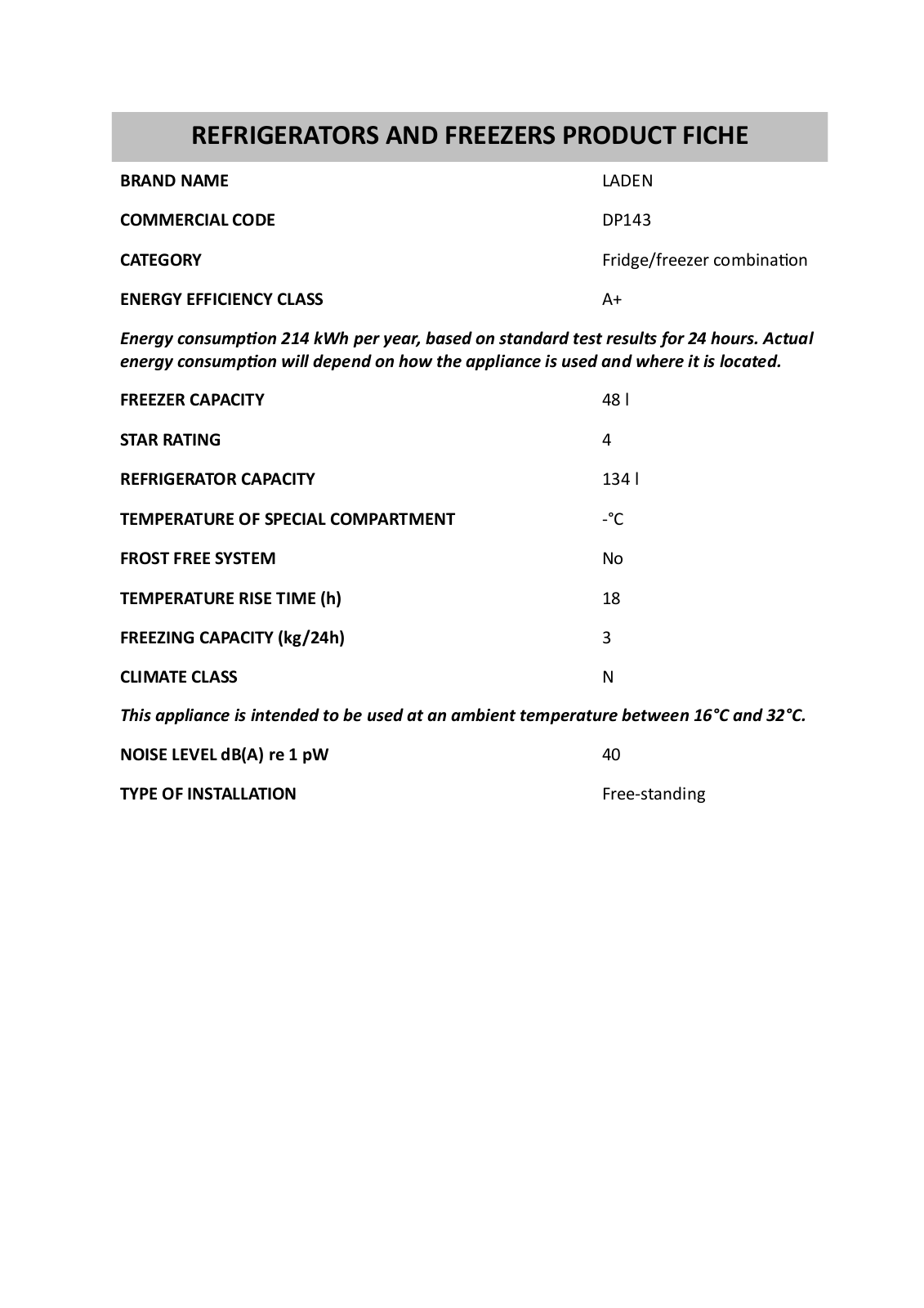 Whirlpool DP143 Product Sheet