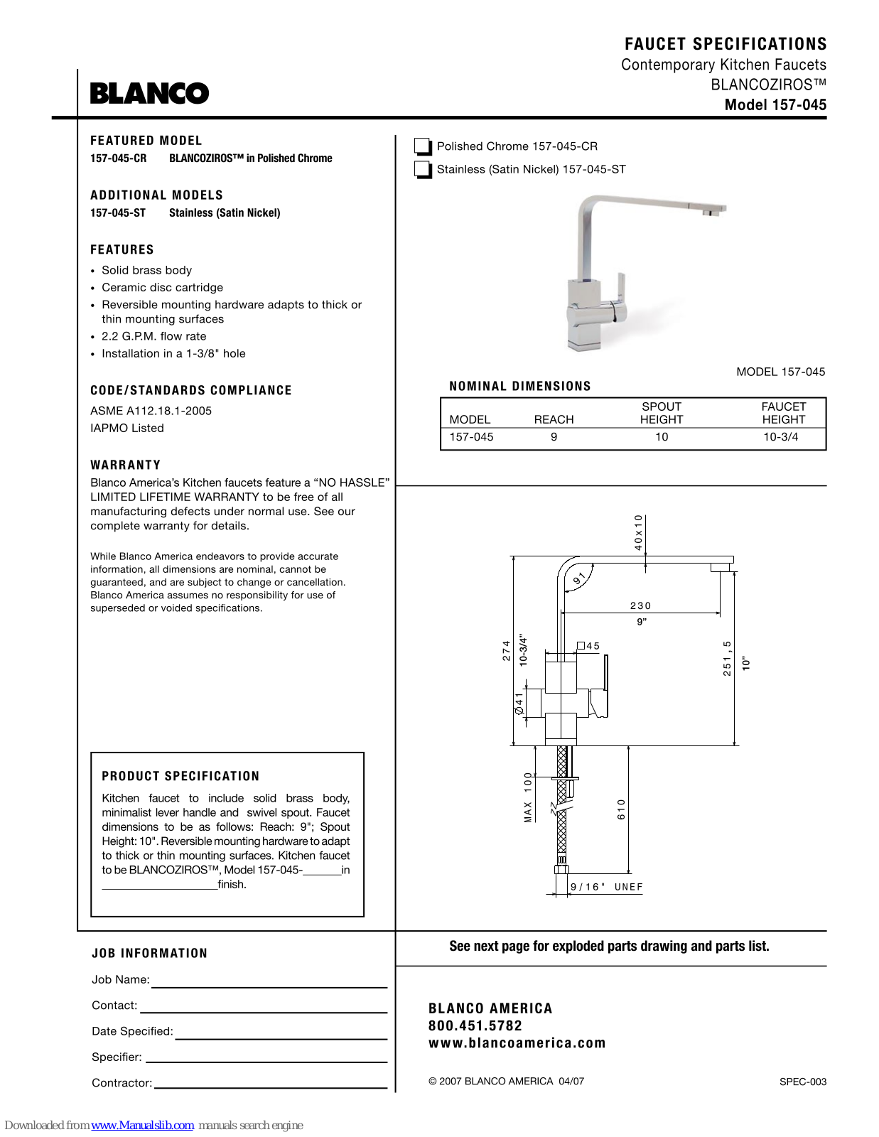 Blanco 157-045-CR, 157-045-ST Specification Sheet - ManualMachine.com