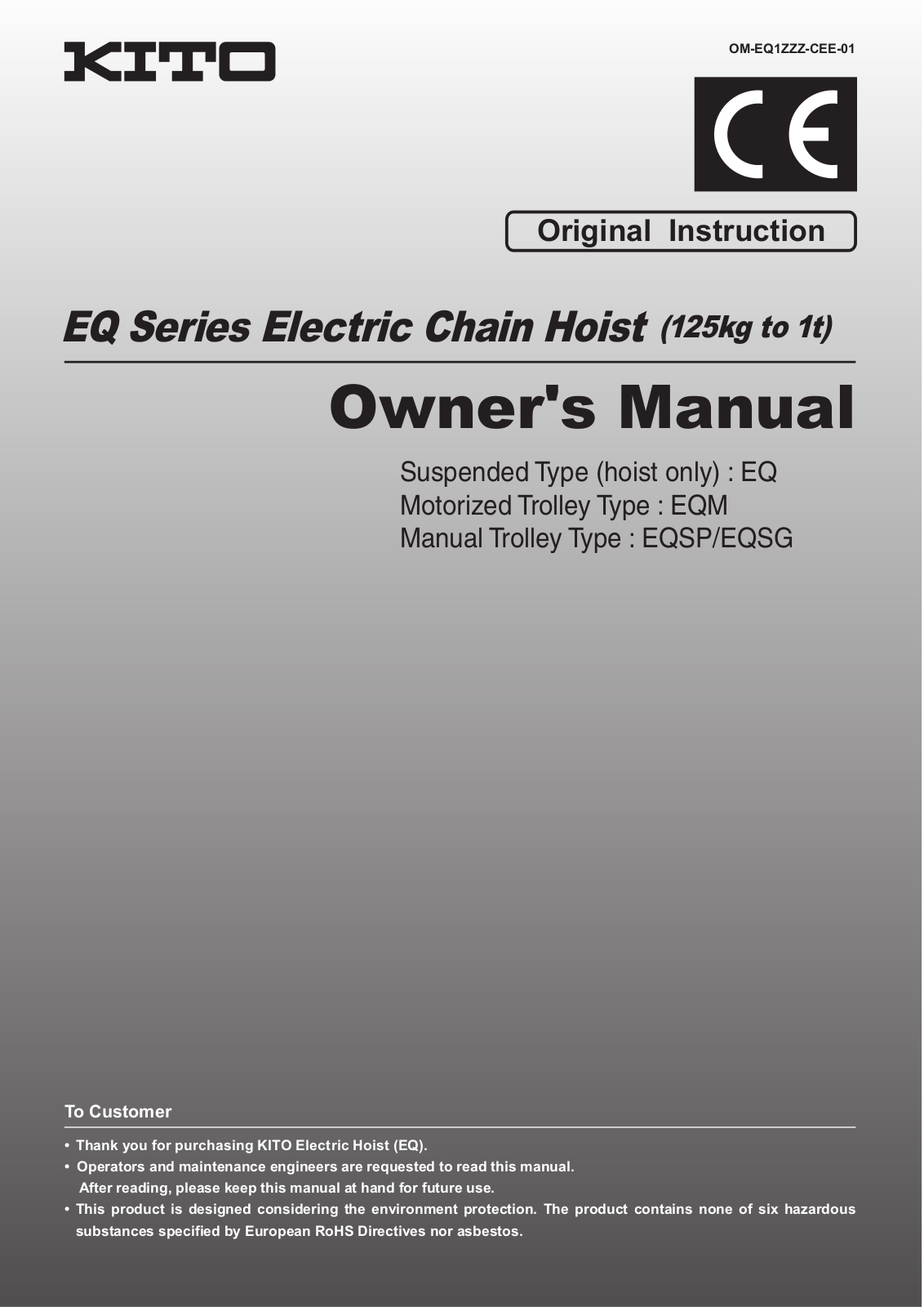 KITO EQ series, EQ001IS, EQ003IS, EQ010IS, MR2Q010IS Owner's Manual