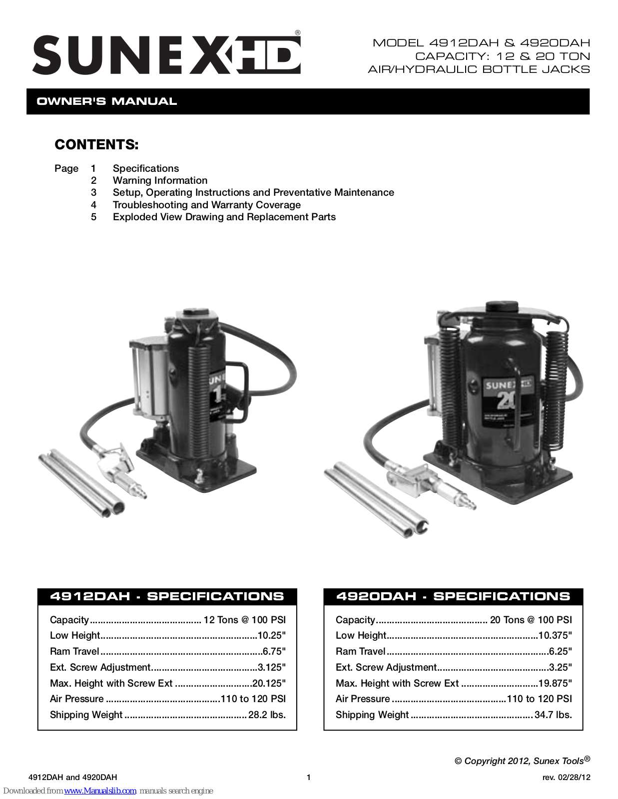 Sunex HD 4912DAH, 4920DAH Owner's Manual