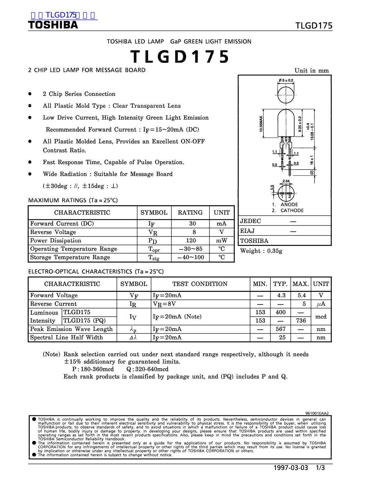 TOSHIBA TLGD175 Technical data