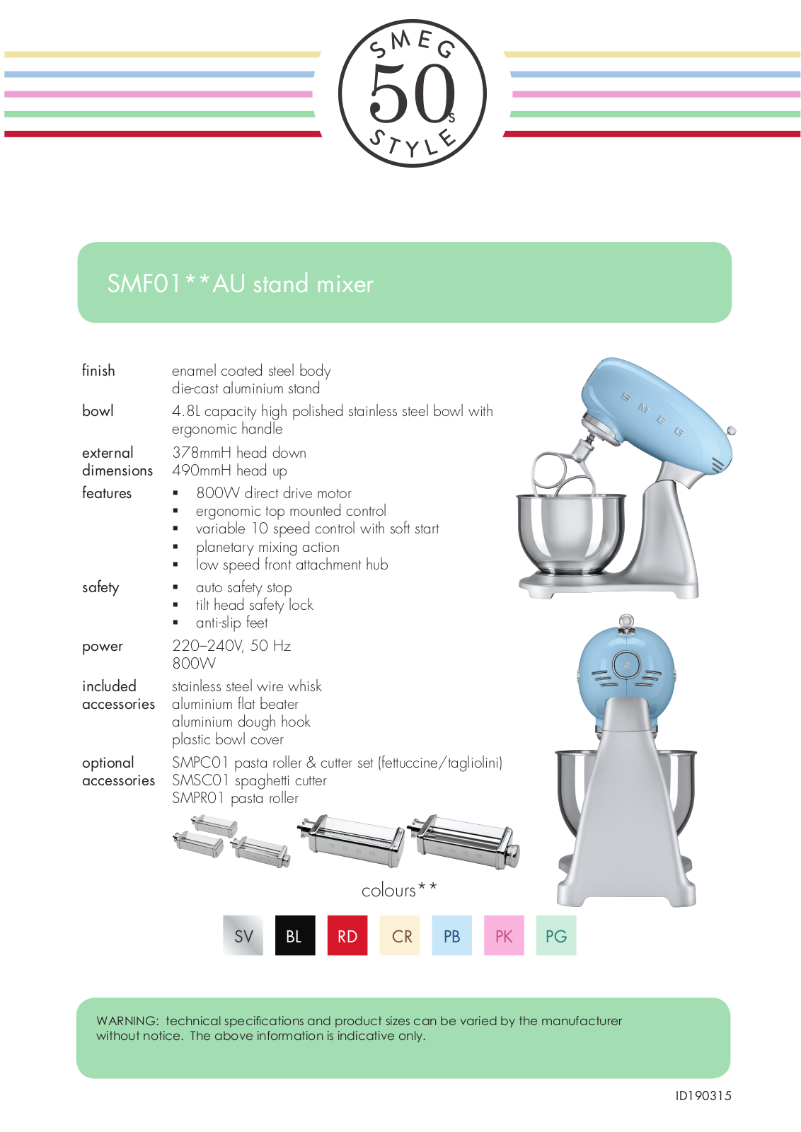 Smeg SMF01CRAUSMMGO1, SMF01BLAU, SMF01CRAU, SMF01PBAU, SMF01PGAU Specifications Sheet