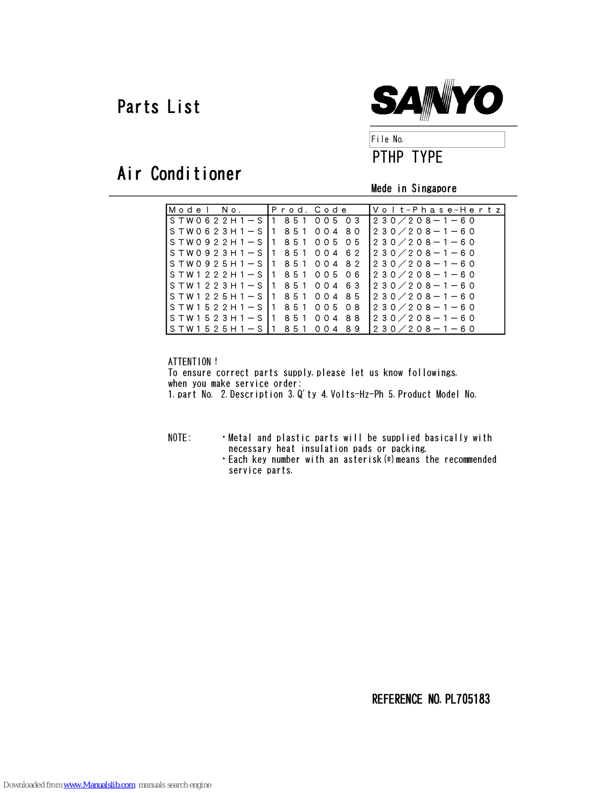 Sanyo STW0923C1-S, STW0622C1-S, STW0623C1-S, STW0922C1-S, STW0925C1-S Parts List