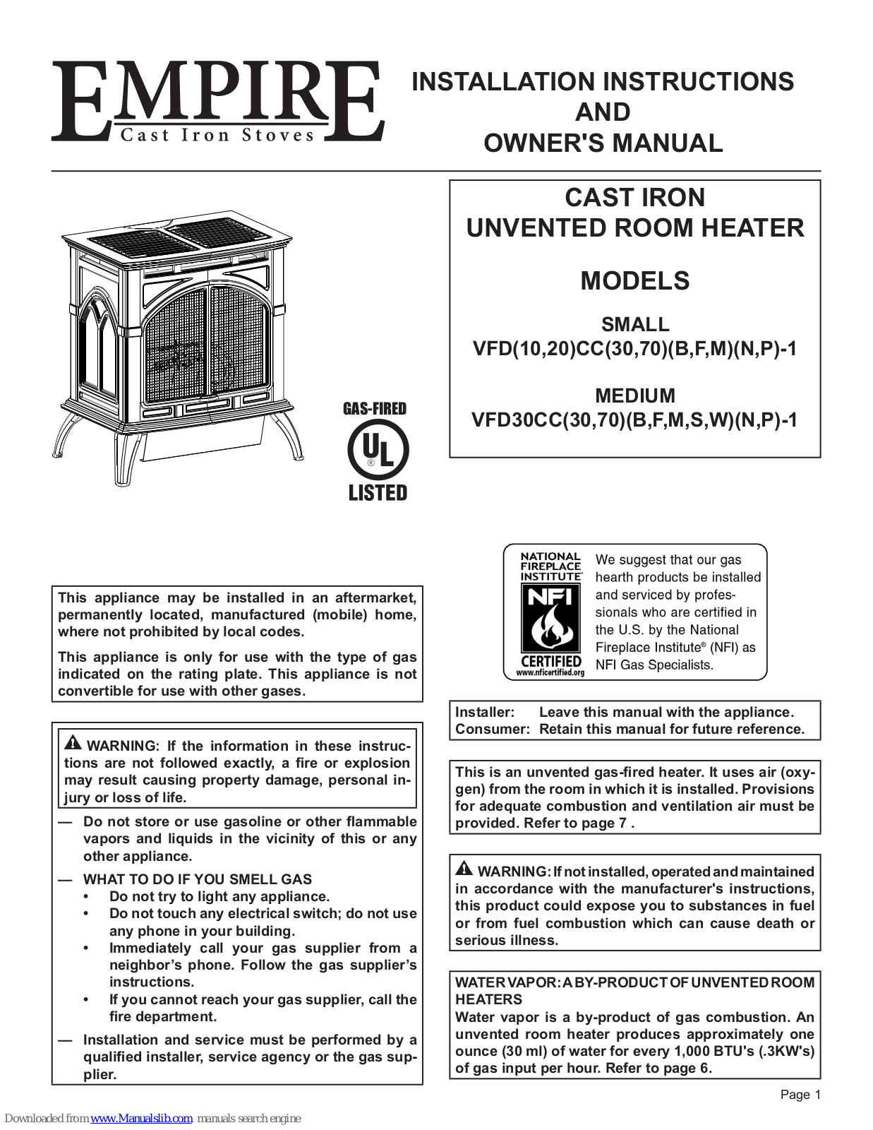 Empire VFD(10, 20)CC(30, 70)(B, F, M)(N Installation Instructions And Owner's Manual