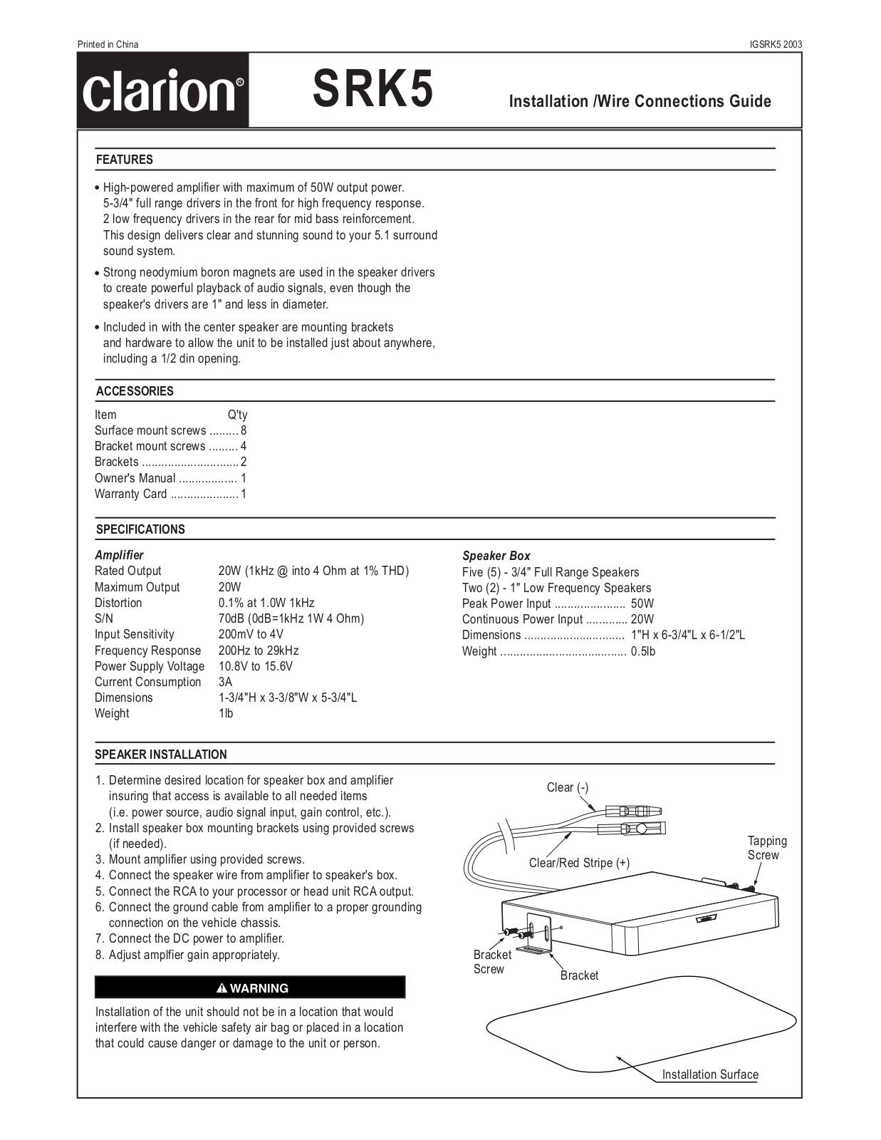 Clarion SRK5 User Manual