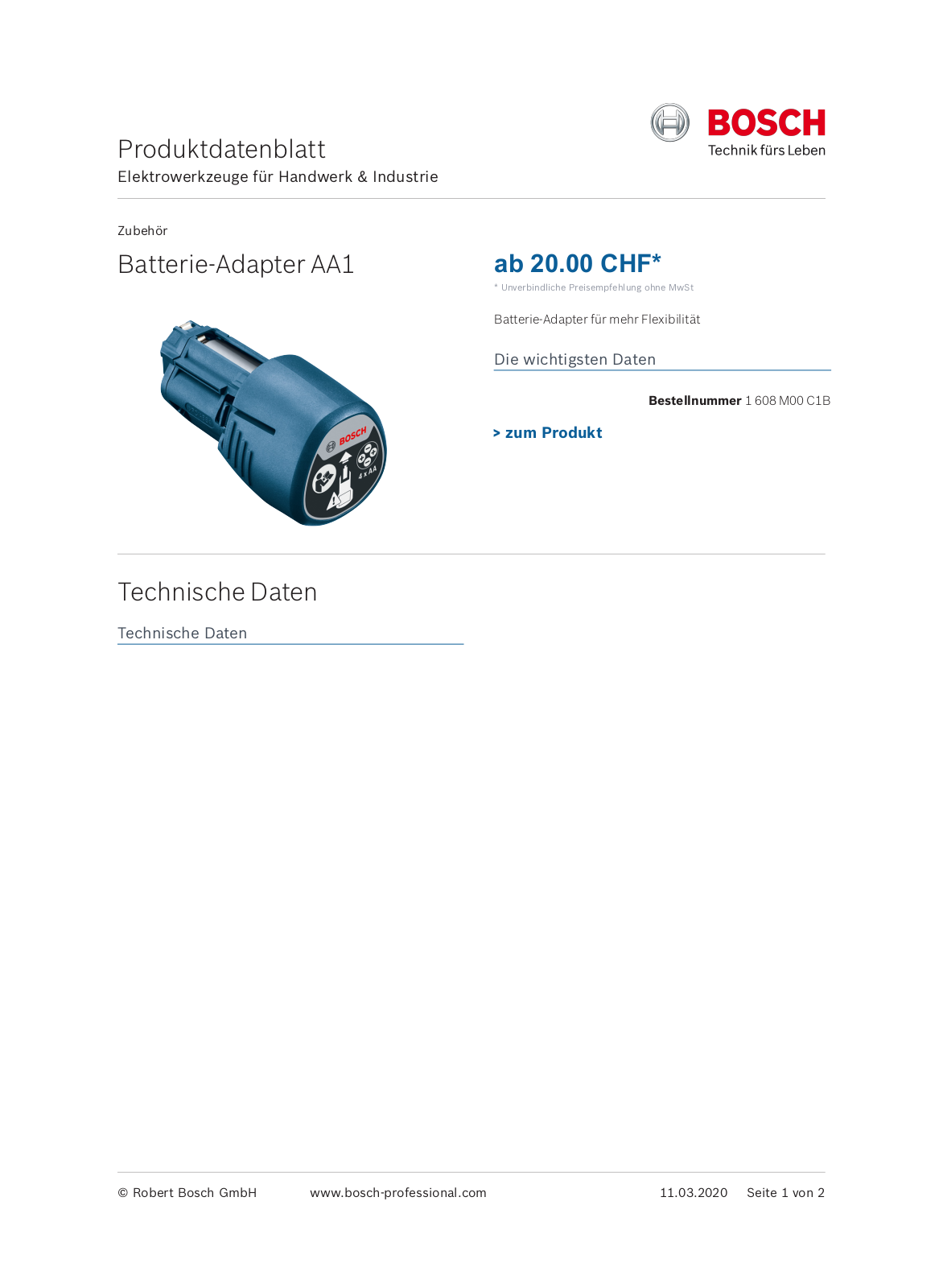 Bosch Batterie-Adapter AA1 User Manual