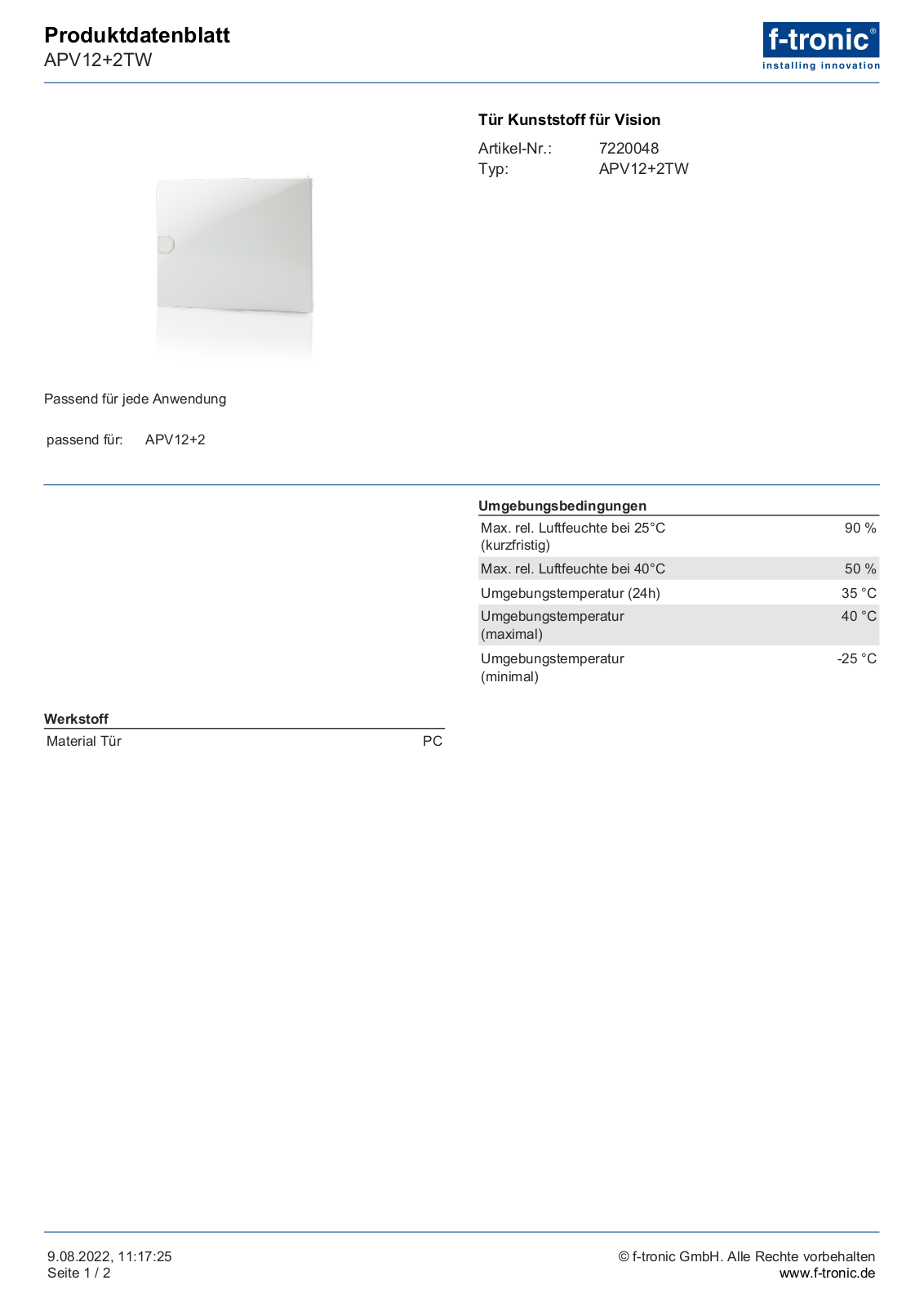 F-TRONIC APV 12+2 TW Datasheet - ManualMachine.com
