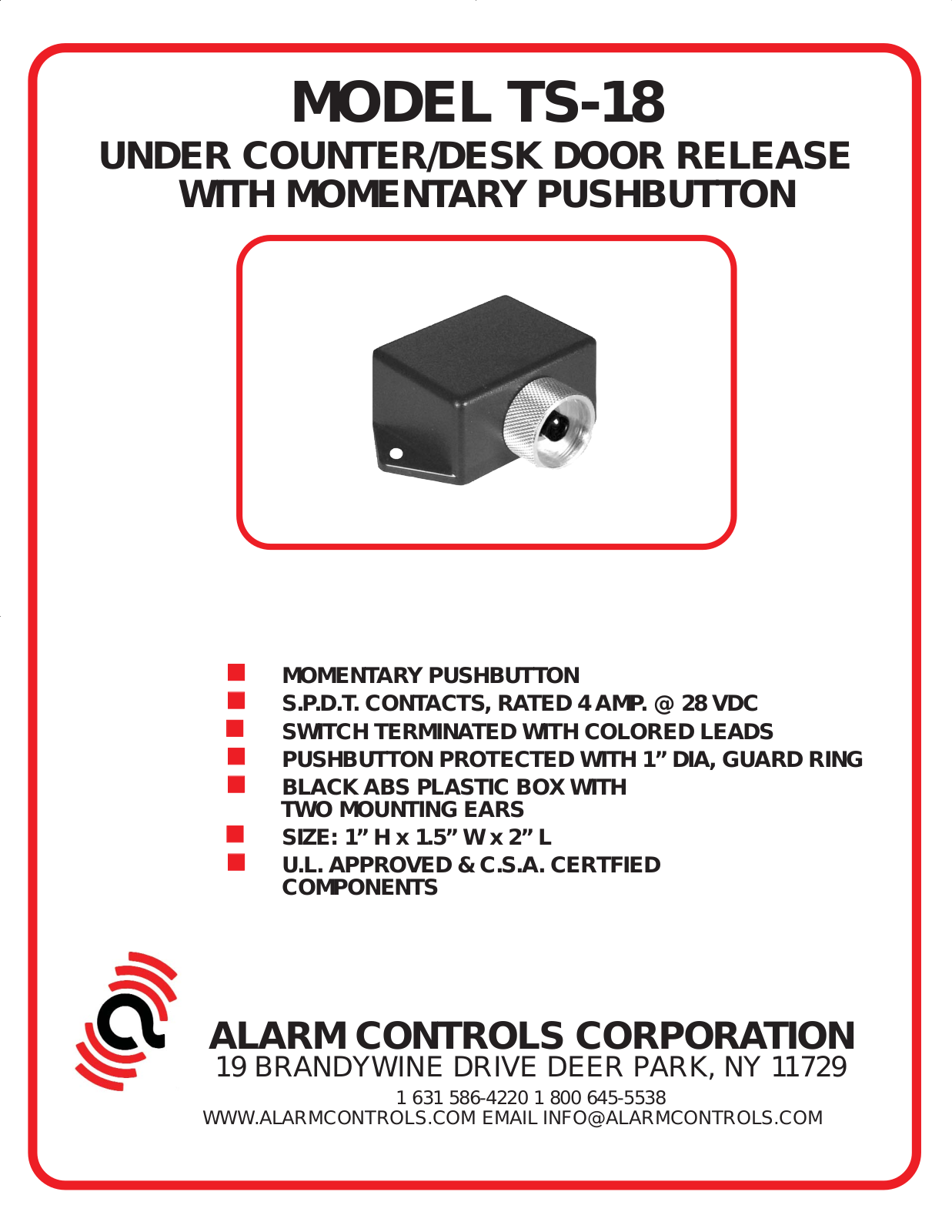 Alarm Controls AL-TS-18 Specsheet