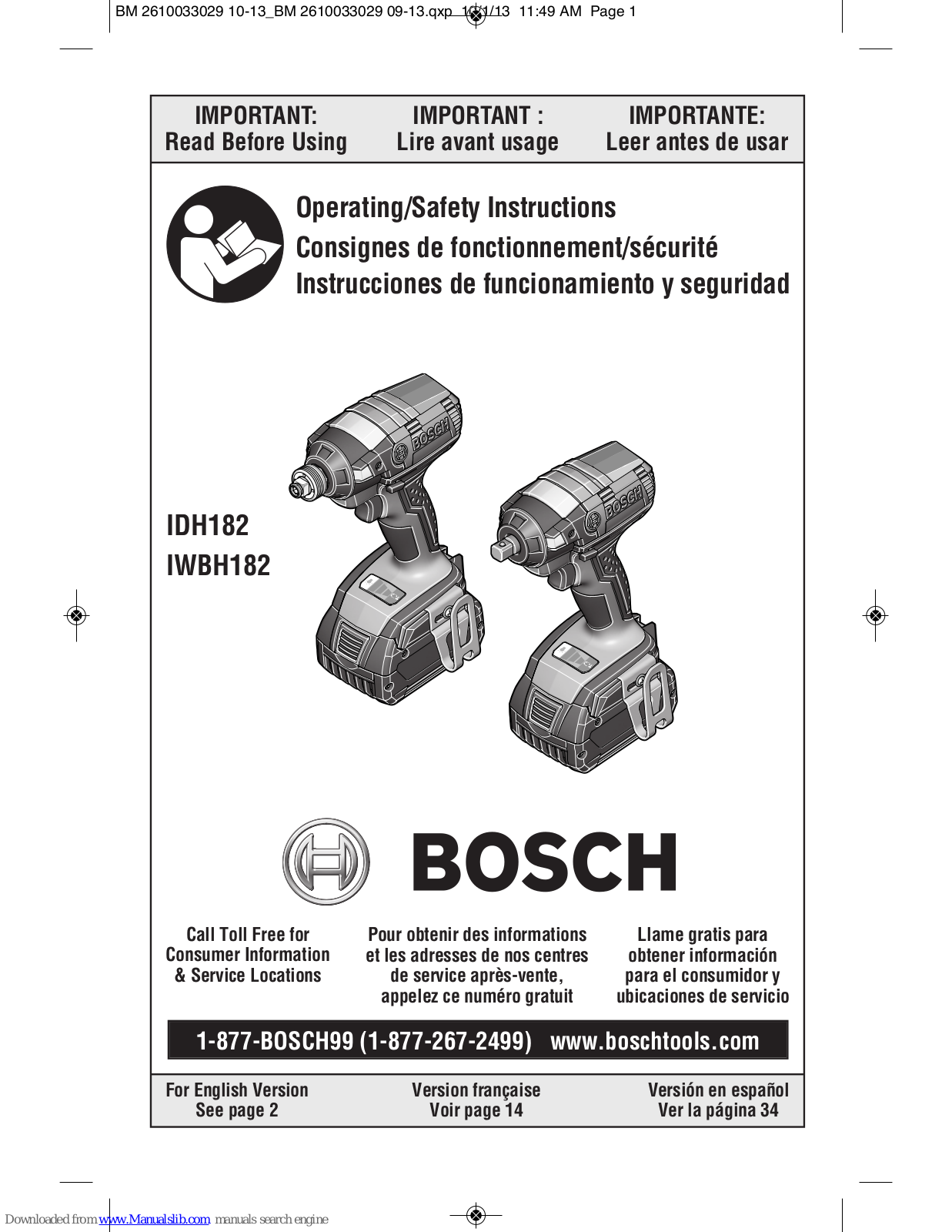 Bosch IWBH182 Operating/safety Instructions Manual