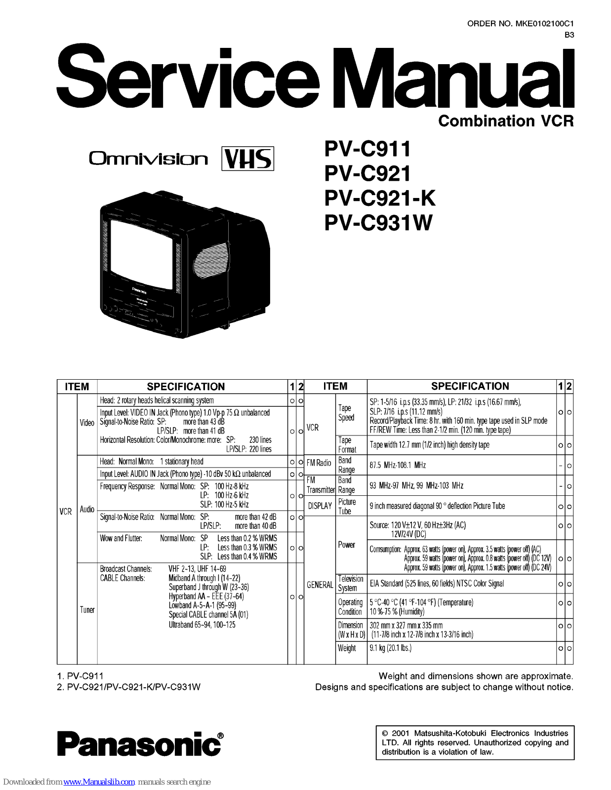 Panasonic Omnivision PV-C911, Omnivision PV-C921, Omnivision PV-C921-K, Omnivision PV-C931W Service Manual