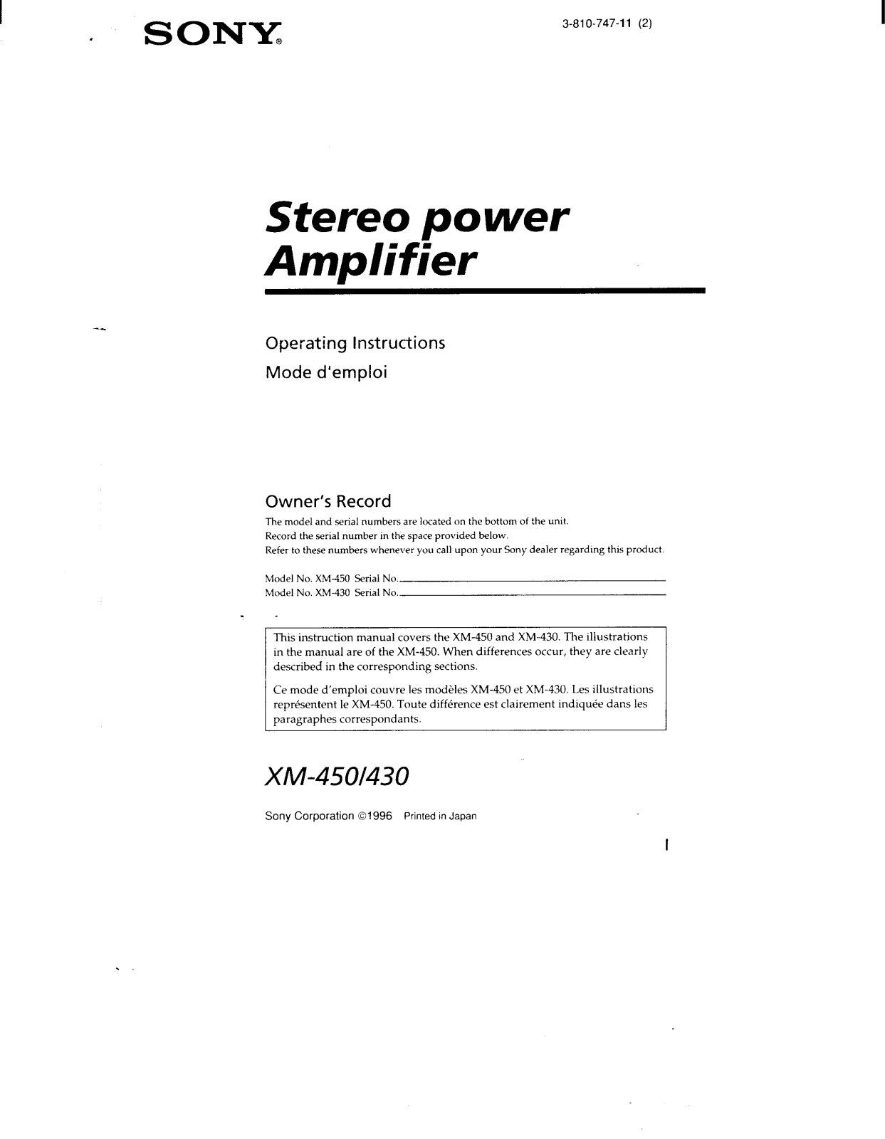 Sony XM-430 User Manual