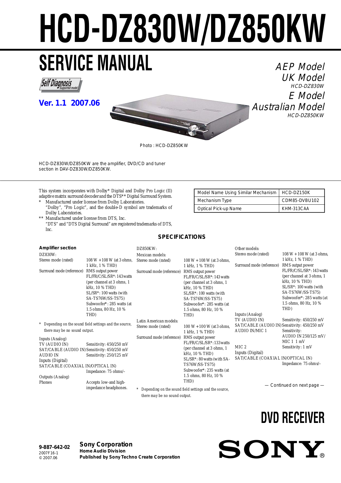 Sony HCDDZ-830-W, HCDDZ-850-KW Service manual