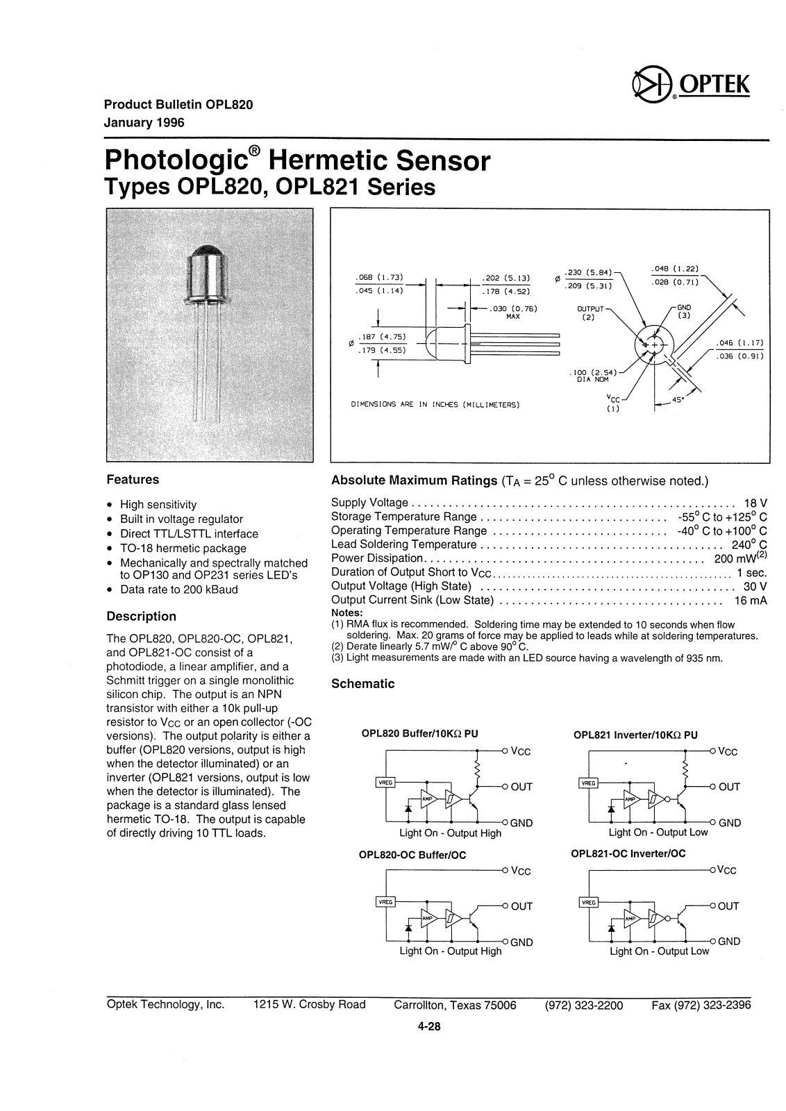 OPTEK OPL820-OC, OPL821, OPL821-OC, OPL820 Datasheet