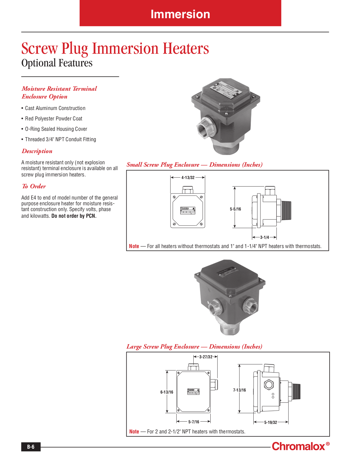 Chromalox Screw Plug immersion heaters Optional Features