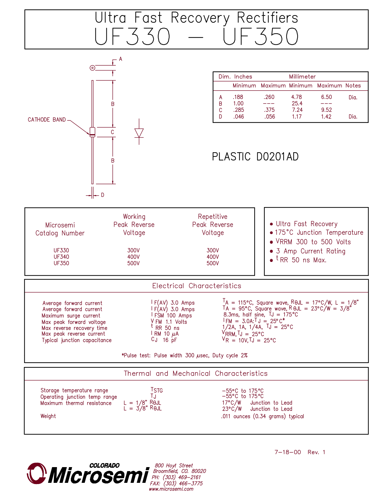 Microsemi UF350, UF330, UF340 Datasheet