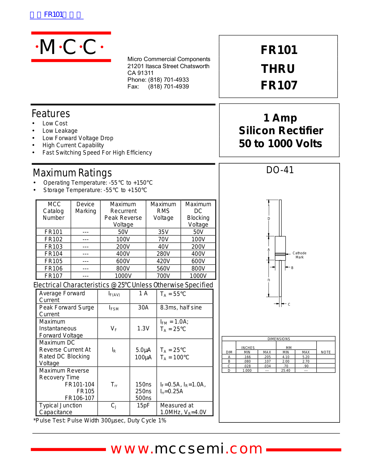 Micro Commercial Components FR101, FR107 Technical data