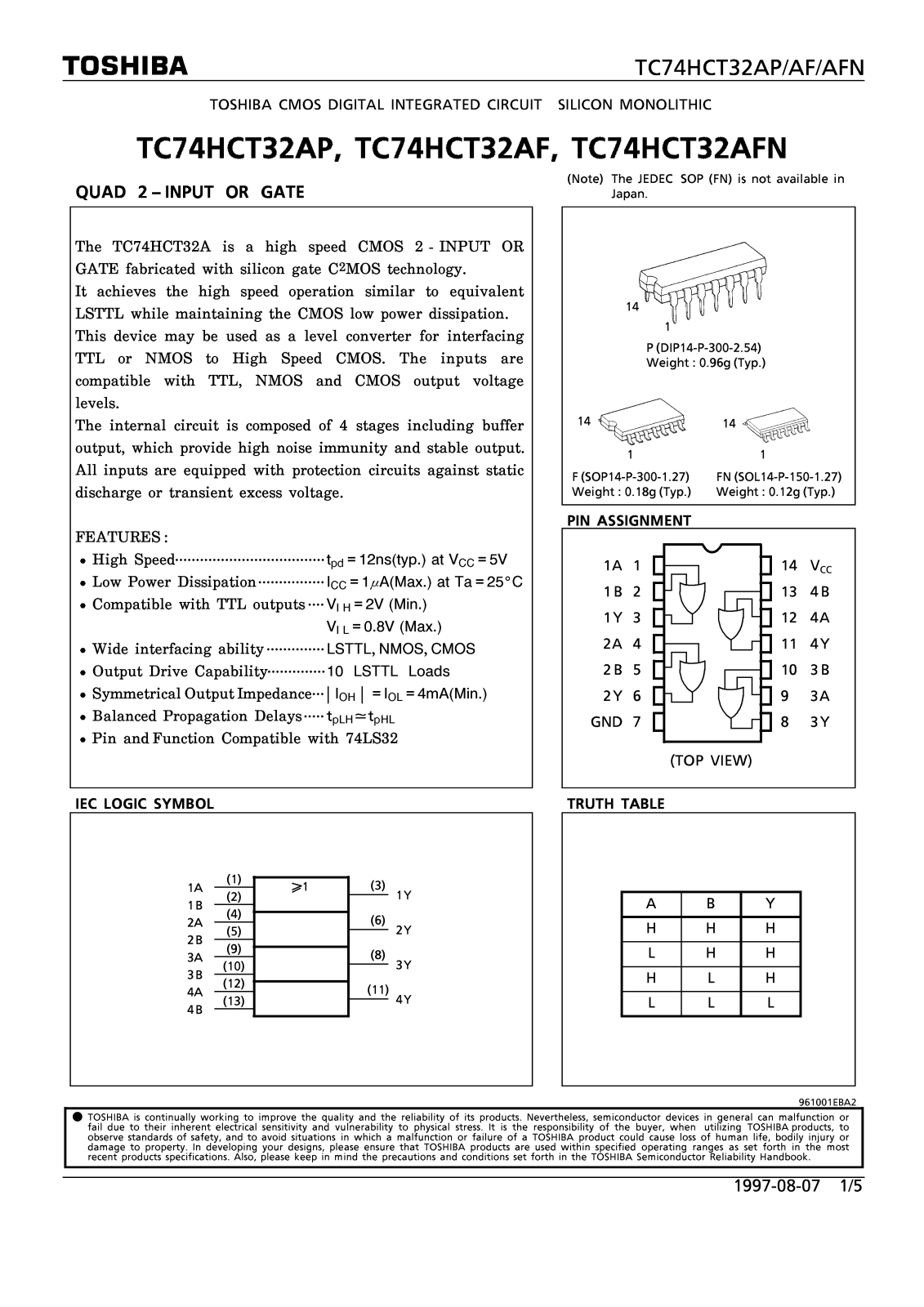 Toshiba TC74HCT32AF, TC74HCT32AP Datasheet