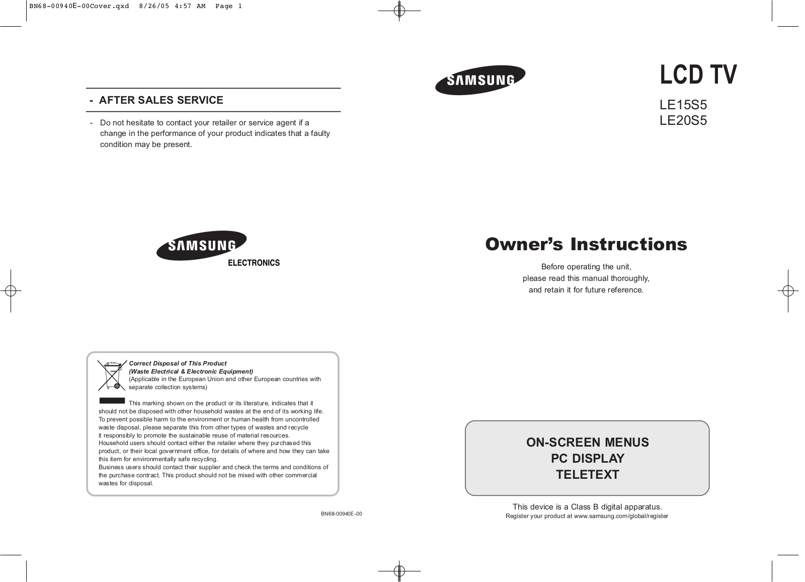 Samsung LE20S51BP, LE15S51BP User Manual