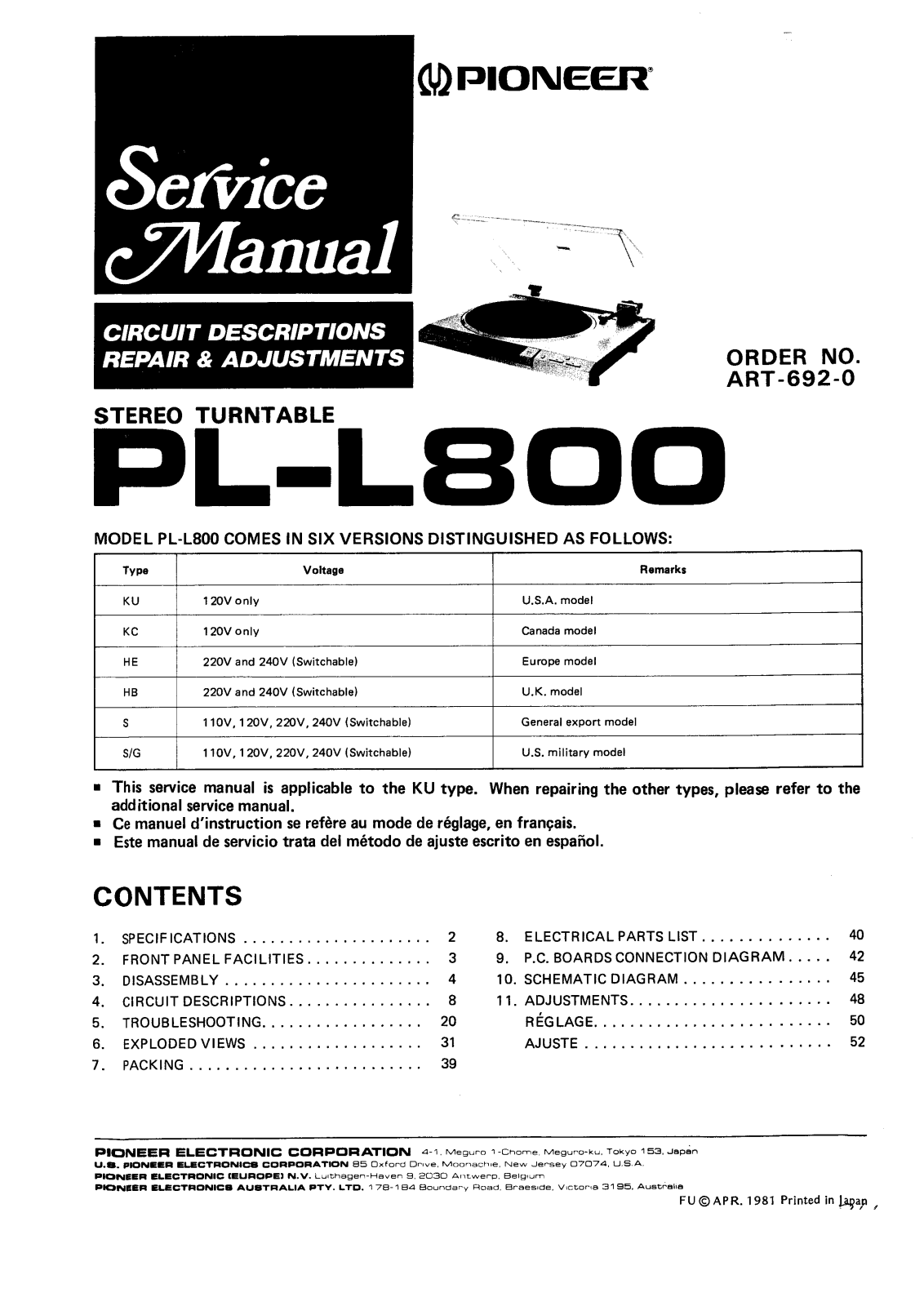 Pioneer PLL-800-S Service manual