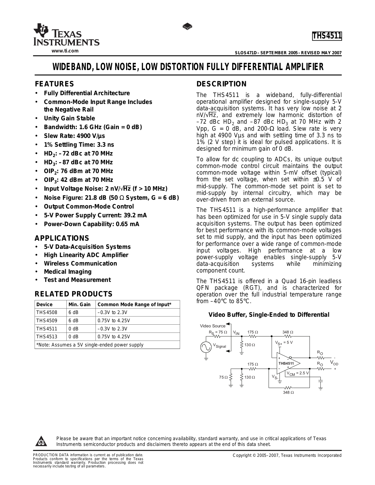 Texas Instruments THS4511RGTTG4, THS4511 Datasheet