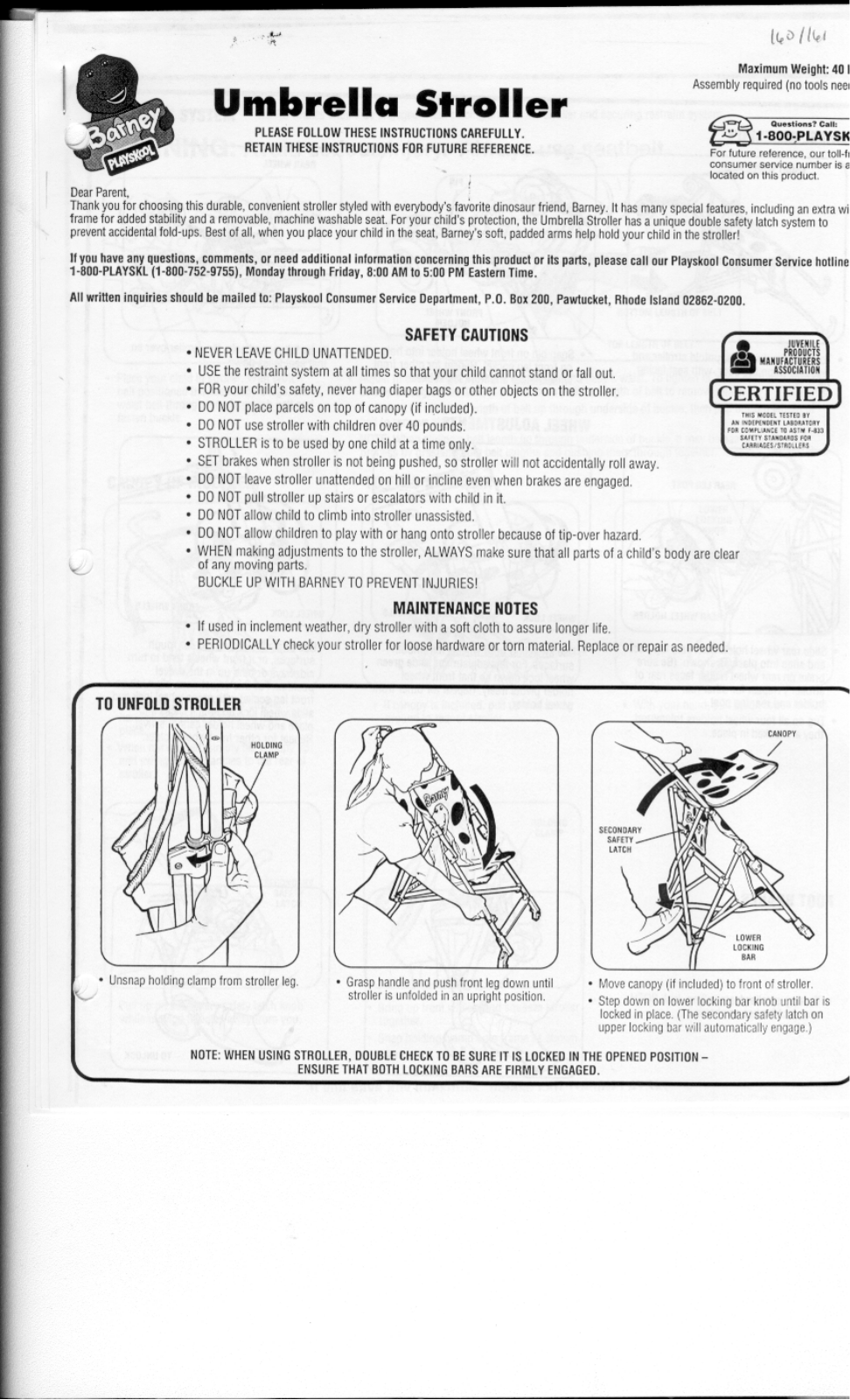 HASBRO Barney Umbrella Stroller User Manual