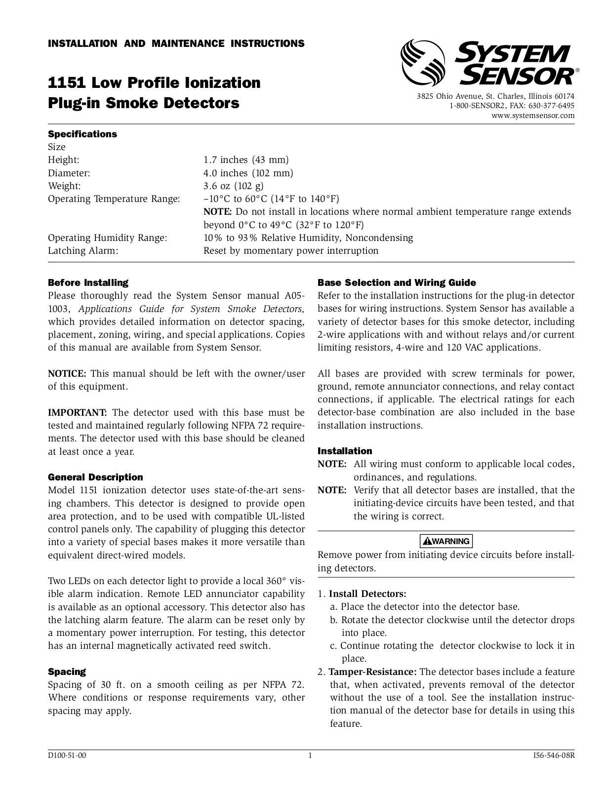 System Sensor 1151 User Manual