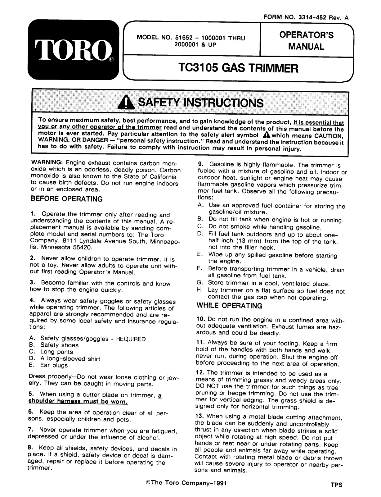 Toro 51652 Operator's Manual