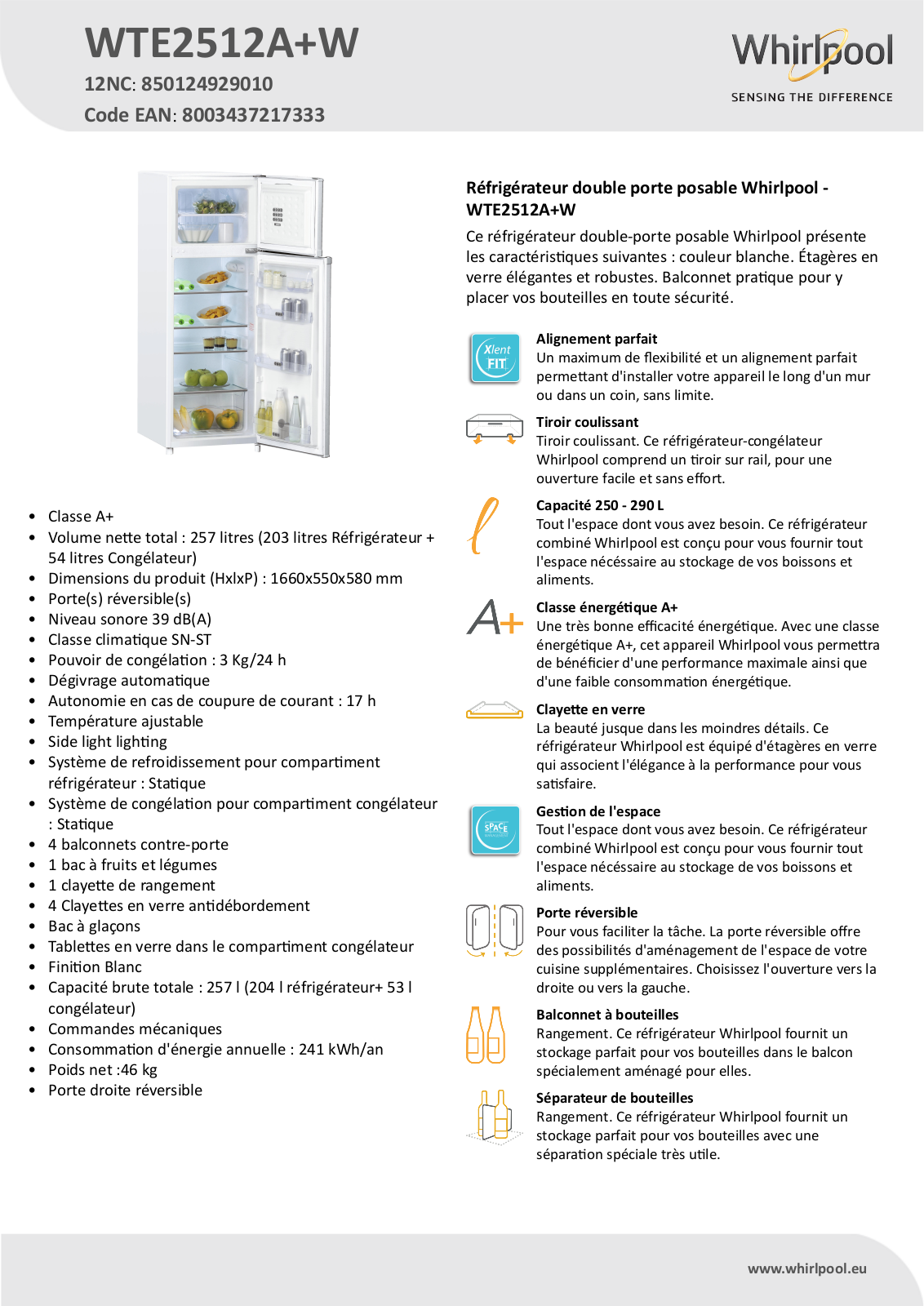 Whirlpool WTE2512A+W Product information