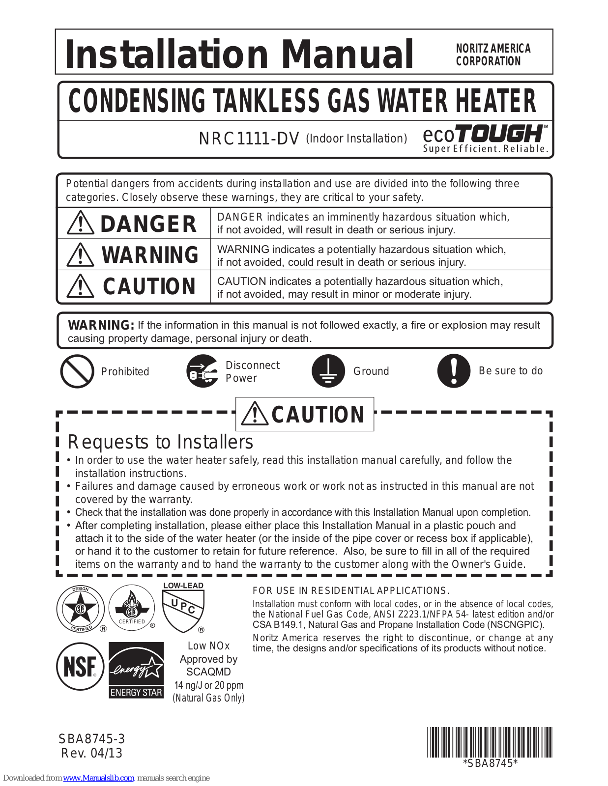 Noritz NRC111DV, GQ-C3257WX-FF US, NC250-SV-ASME Installation Manual