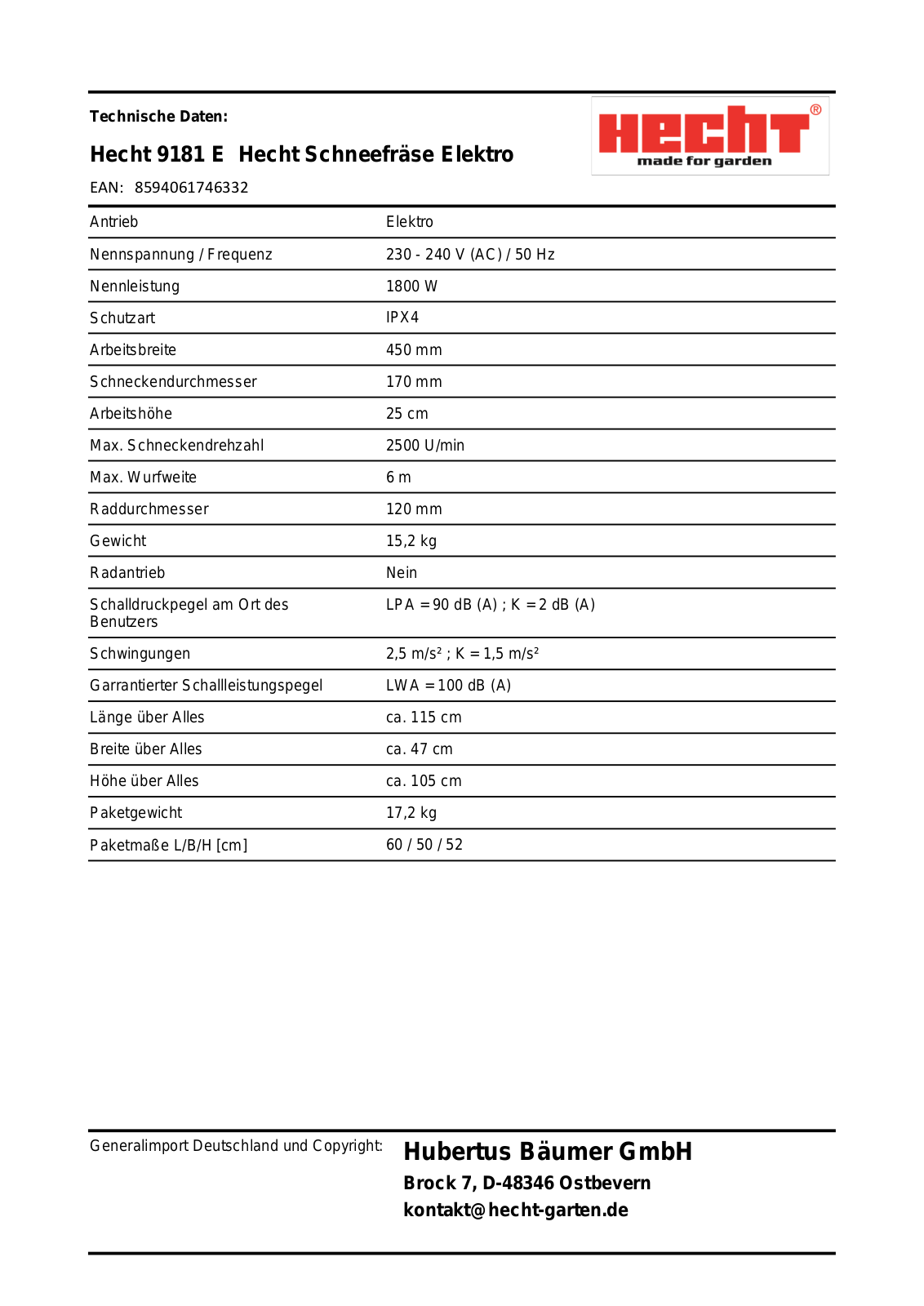 Hecht 9181E Technical data