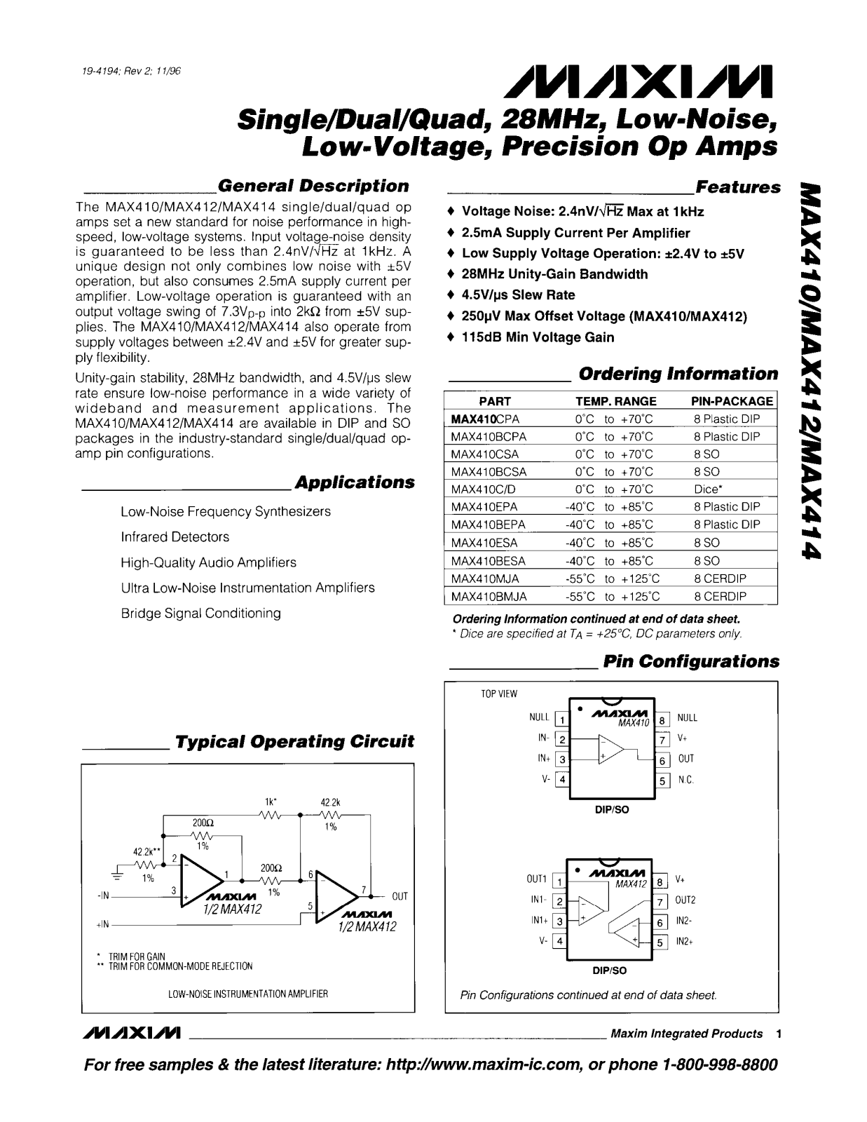 Maxim MAX414MJD, MAX414ESD, MAX414CPD, MAX414BMJD, MAX414BESD Datasheet