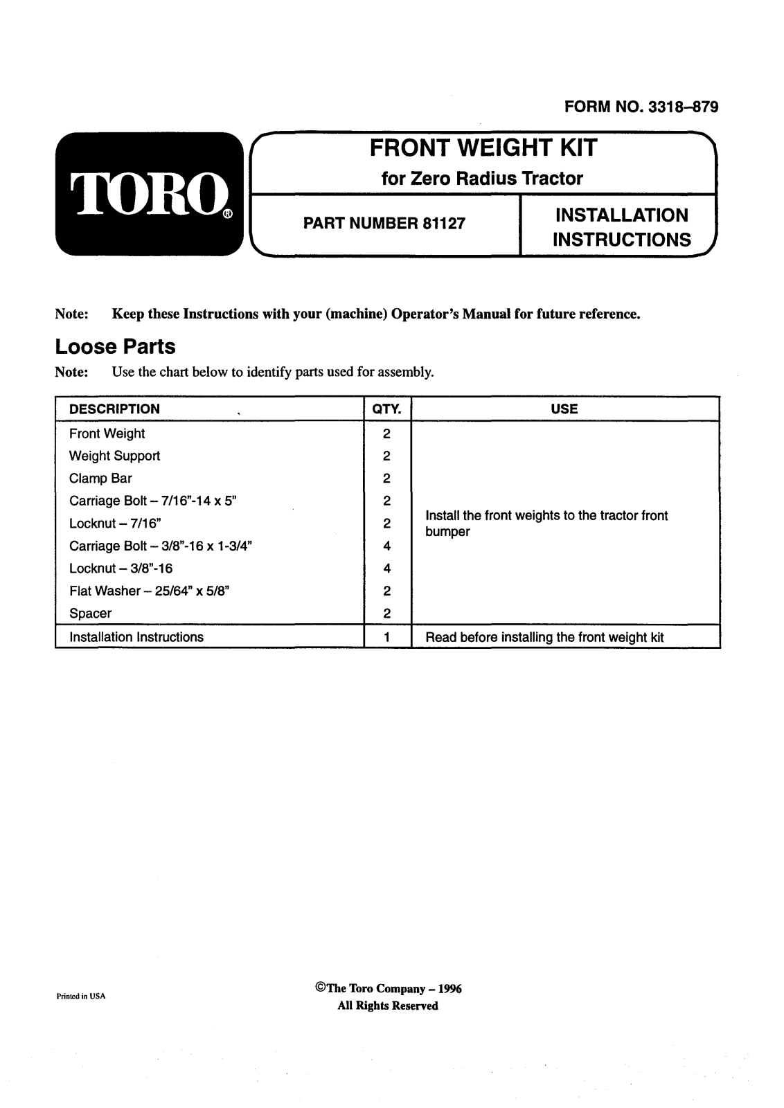 Toro 81127 Installation Instructions