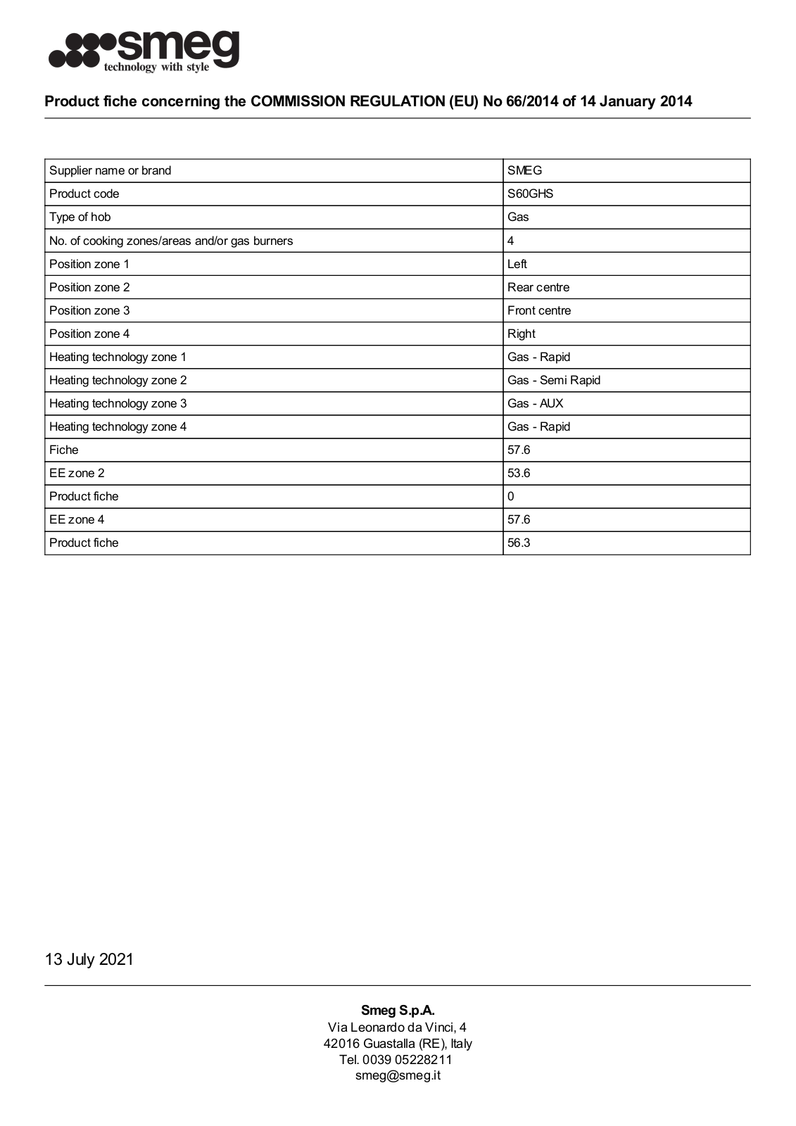 Smeg S60GHS product information sheet