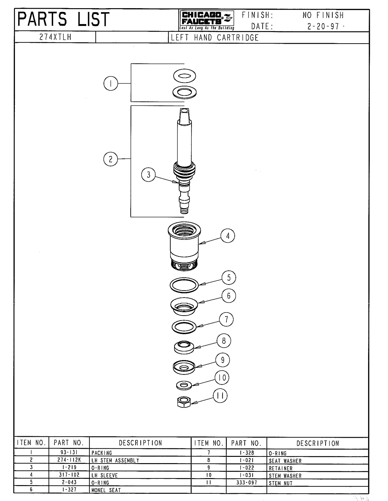 Chicago Faucet 274-XTLHJKNF, 274-XTLHJKTPF Parts List