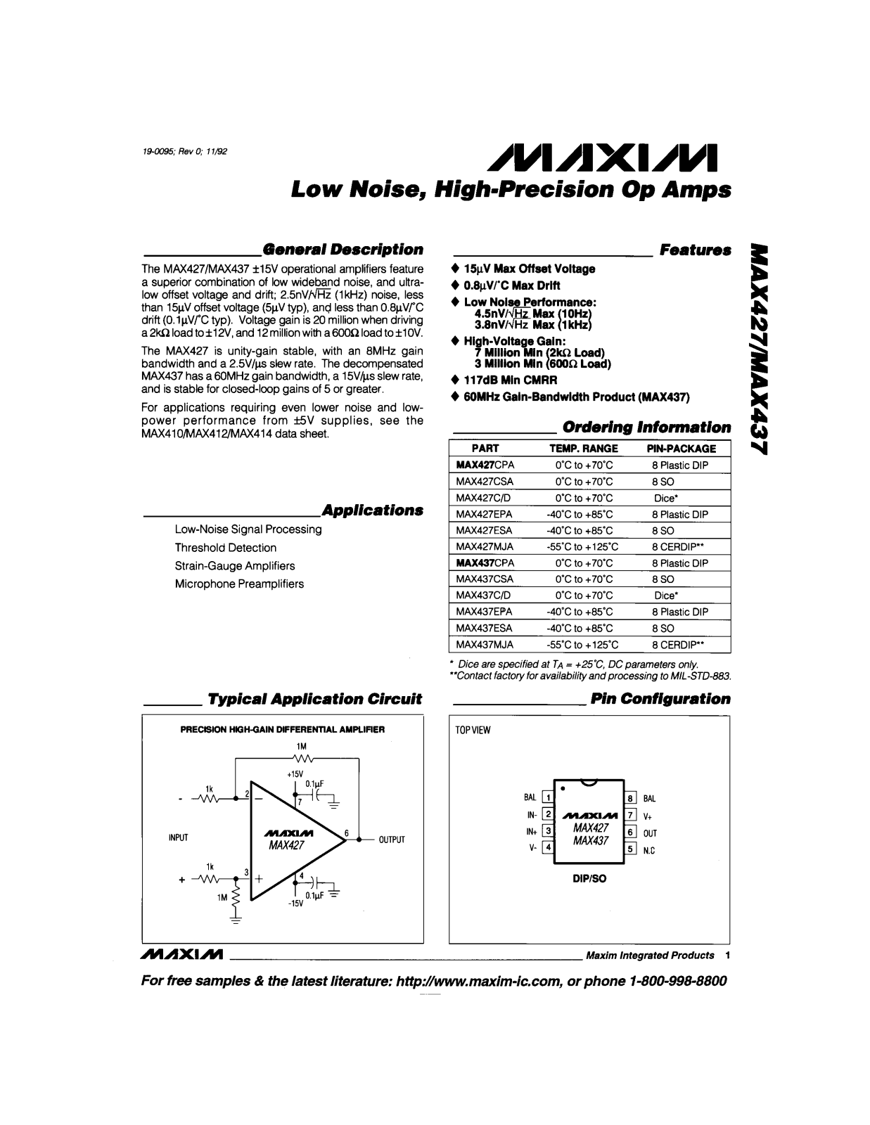 Maxim MAX437MJA, MAX437ESA, MAX437EPA, MAX437CSA, MAX437CPA Datasheet