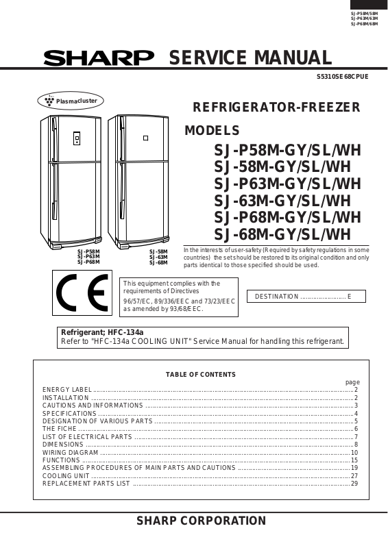 SHARP SJ68MSL, SJ-P58M-GY, SJ-58M-GY, SJ-P63M-GY, SJ-58M-SL Service Manual