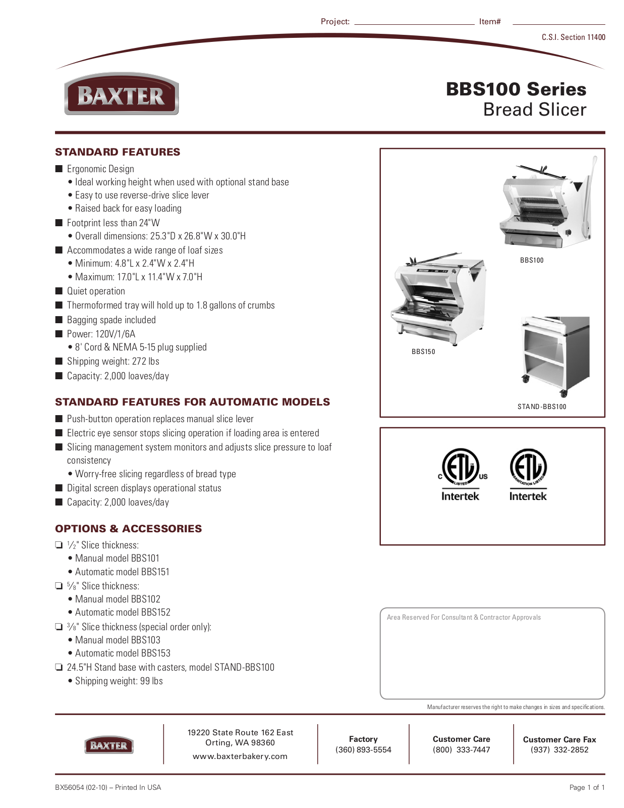 Mannhart BBS100, BBS150 Specifications