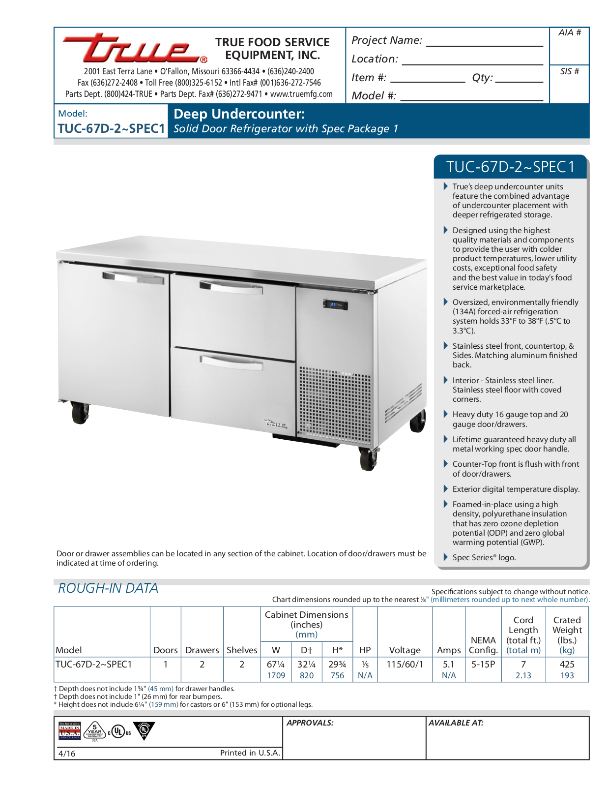 True Refrigeration TUC-67D-2 User Manual