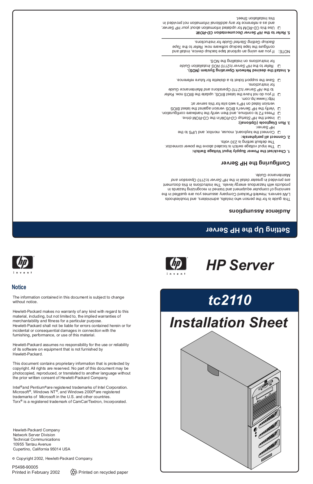 HP Server tc2110 Installation Sheet