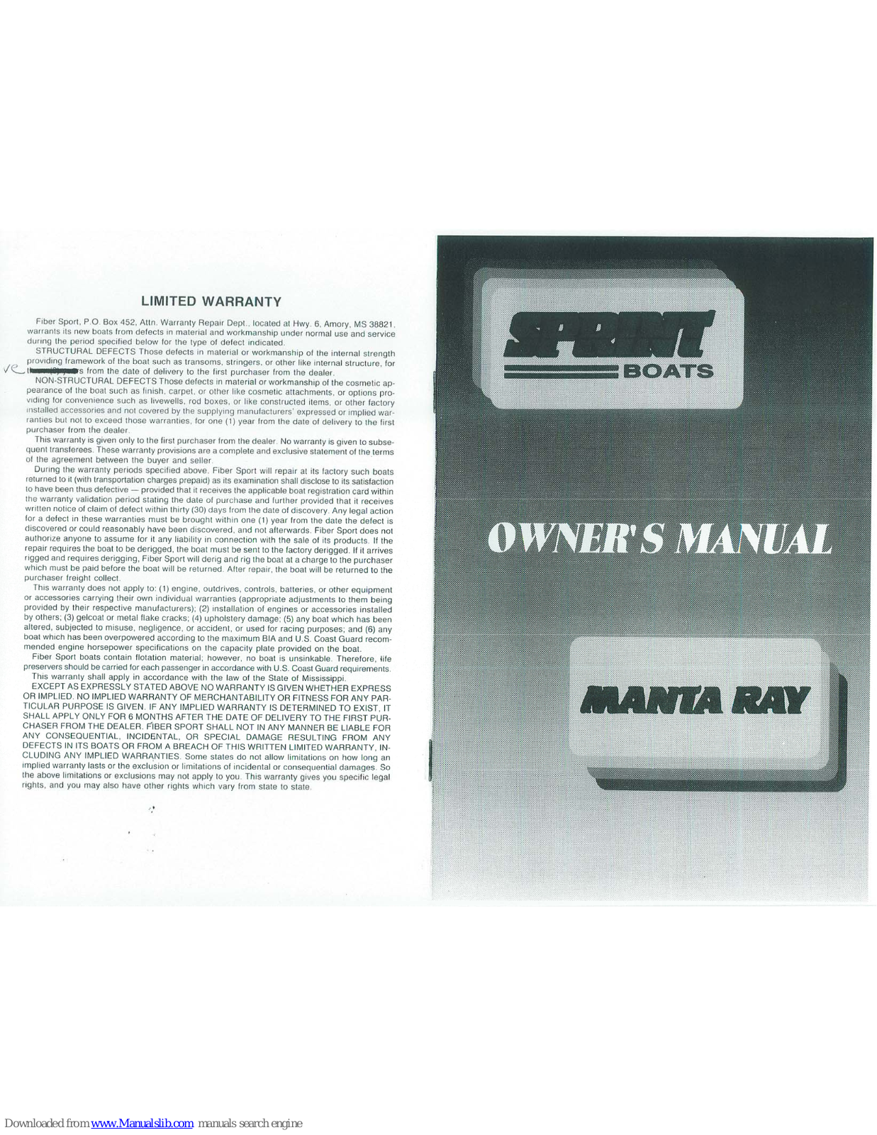 Sprint Boats 1997 Manta Ray Owner's Manual