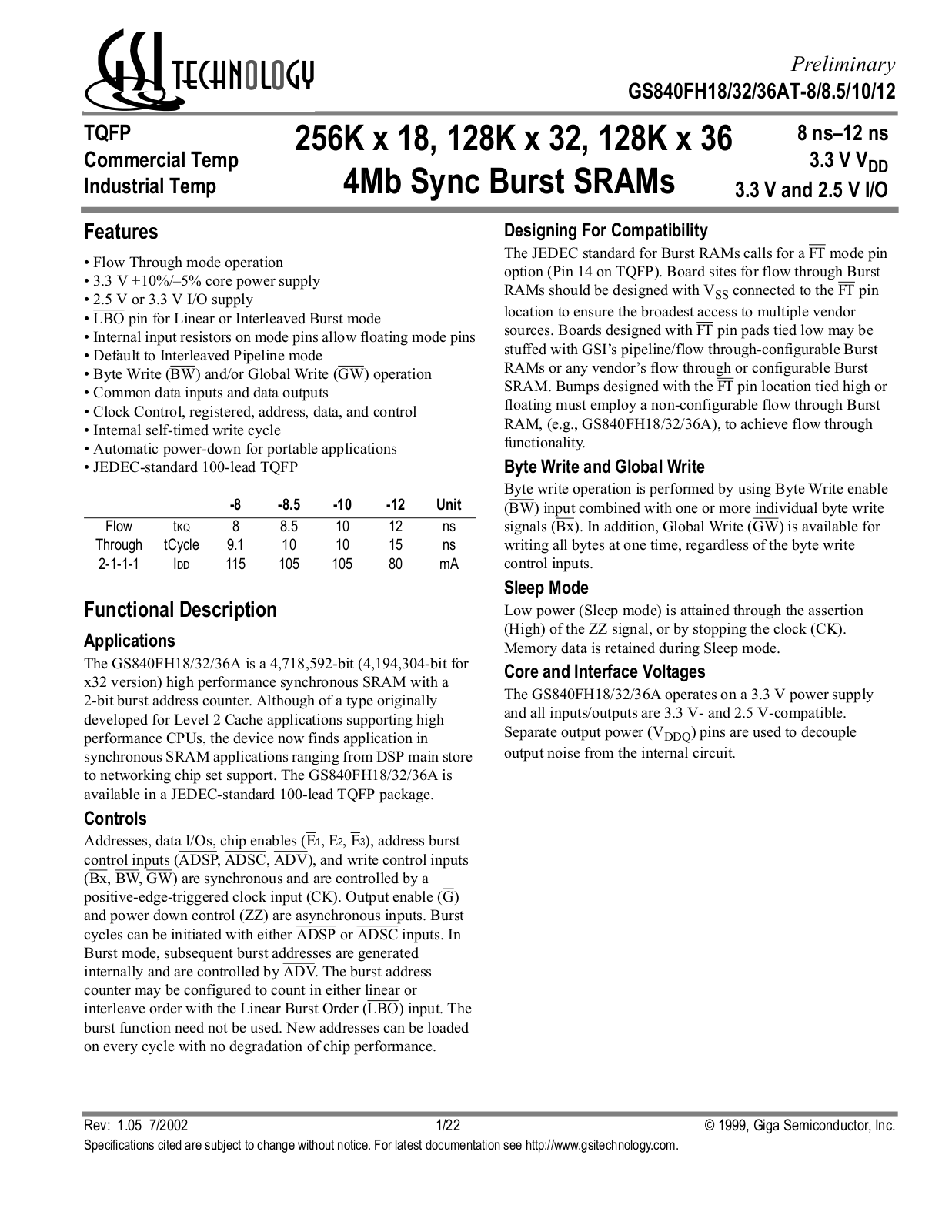 GSI GS840FH18AT-10, GS840FH36AT-12I, GS840FH36AT-12, GS840FH36AT-10I, GS840FH36AT-10 Datasheet