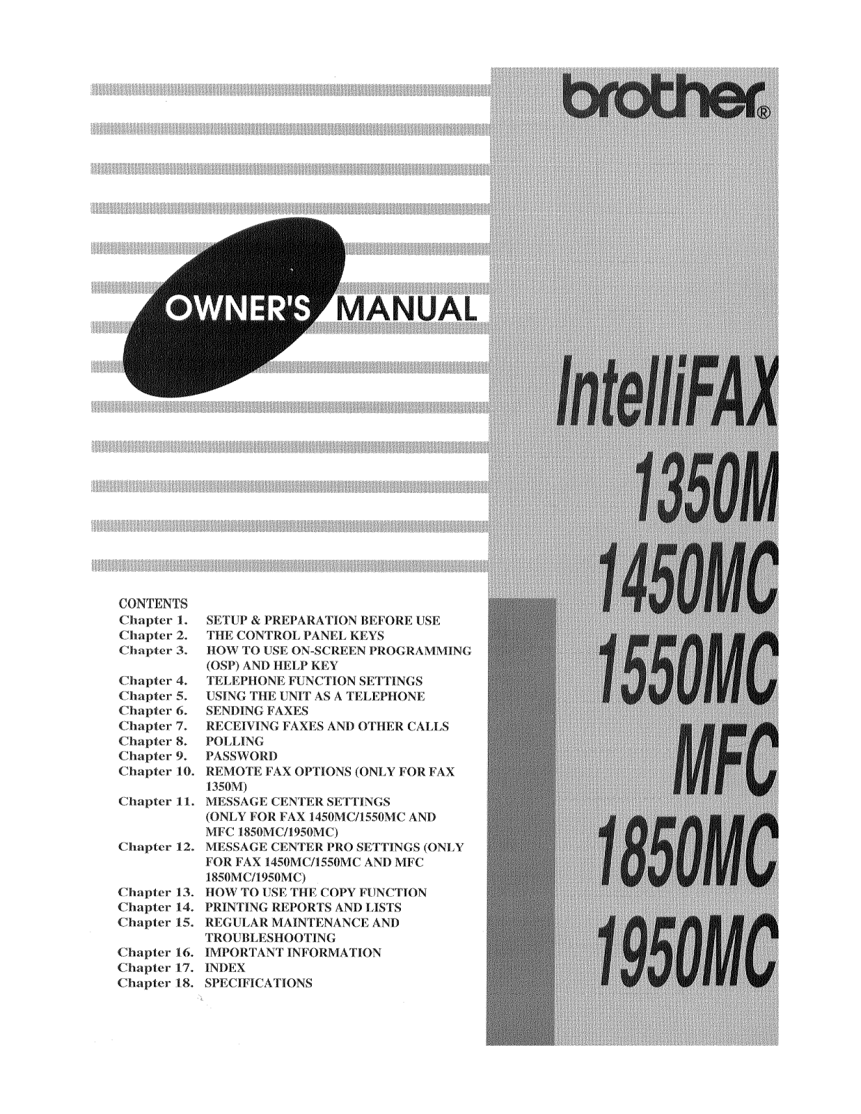 Brother IntelliFAX-1350M, IntelliFAX-1450MC, IntelliFAX-1550MC, MFC-1850MC, MFC-1950MC Owner Manual