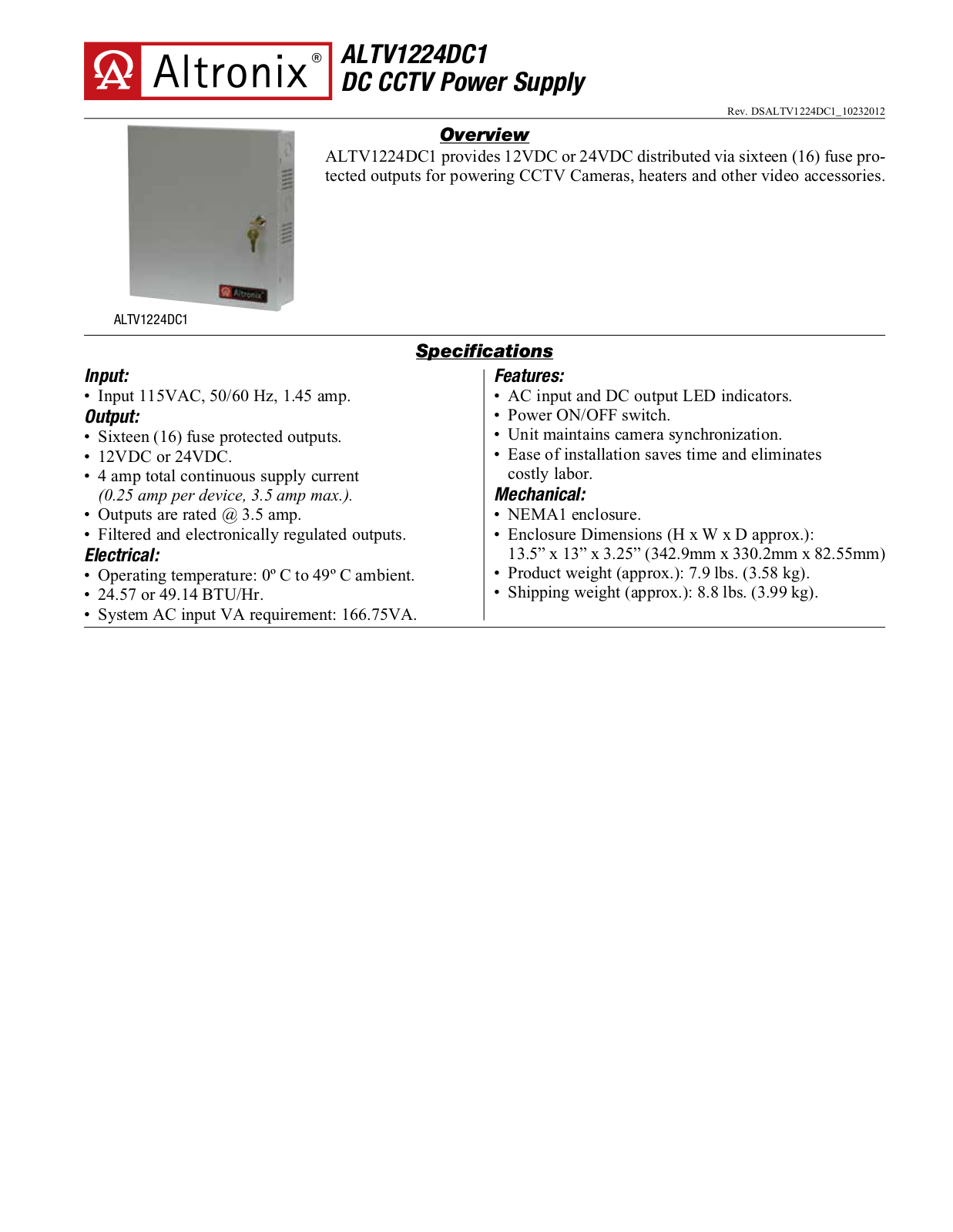 Altronix ALTV1224DC1 Specsheet