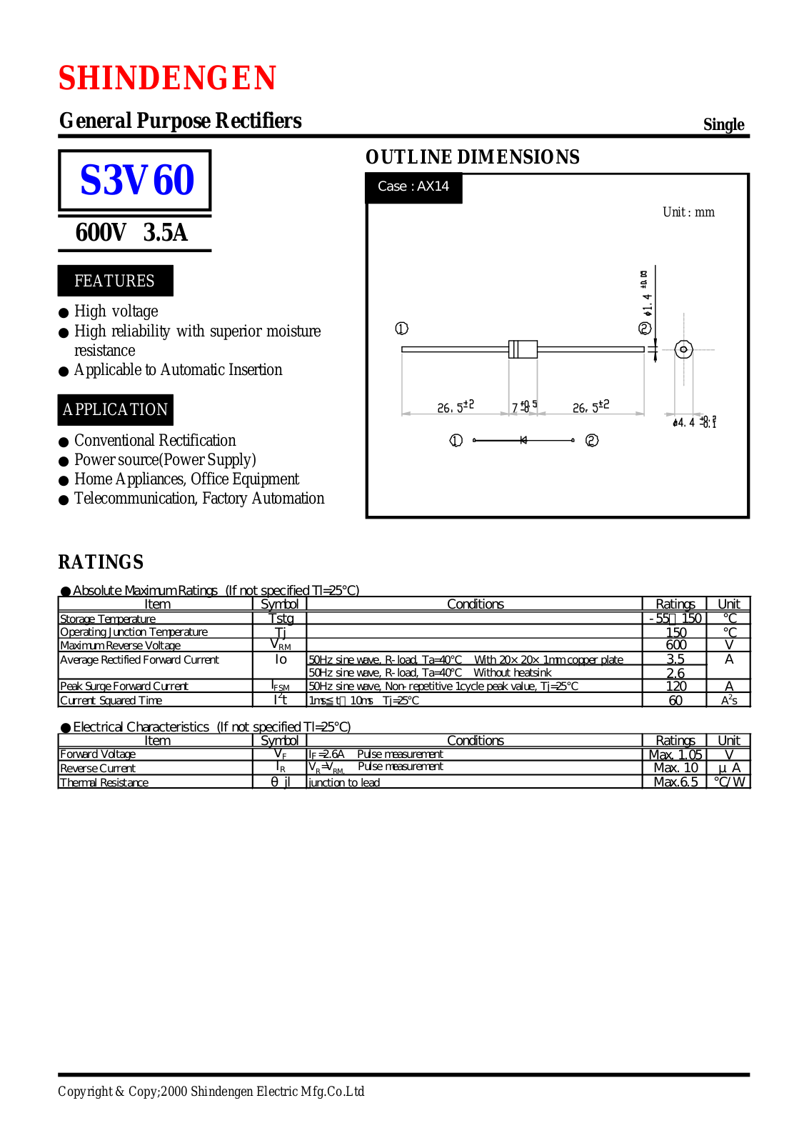 Shindengen Electric Manufacturing Company Ltd S3V60 Datasheet