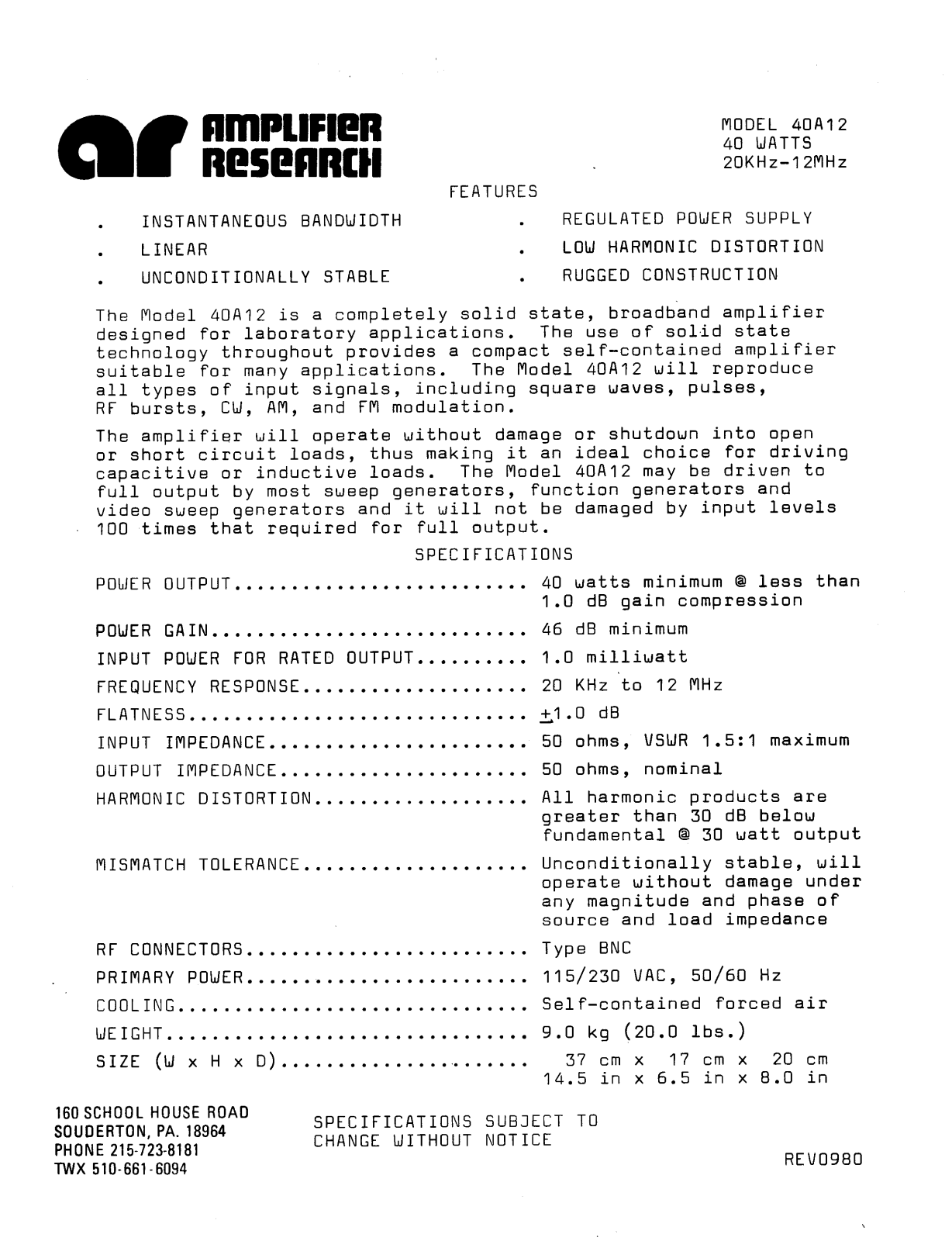 Amplifier Research 40A12 Specifications Sheet - ManualMachine.com